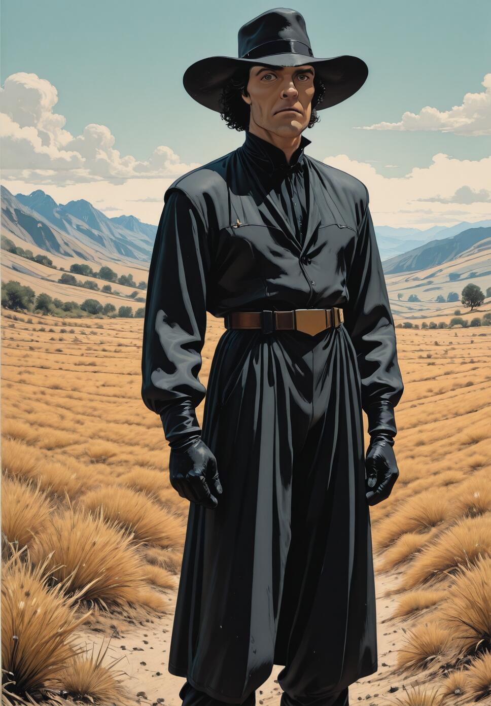 A full-body illustration of a tall man with dark curly hair and an intense stare, dressed in an all-black outfit with a wide-brimmed hat and gloves, standing in a barren, grassy landscape with mountains in the background.