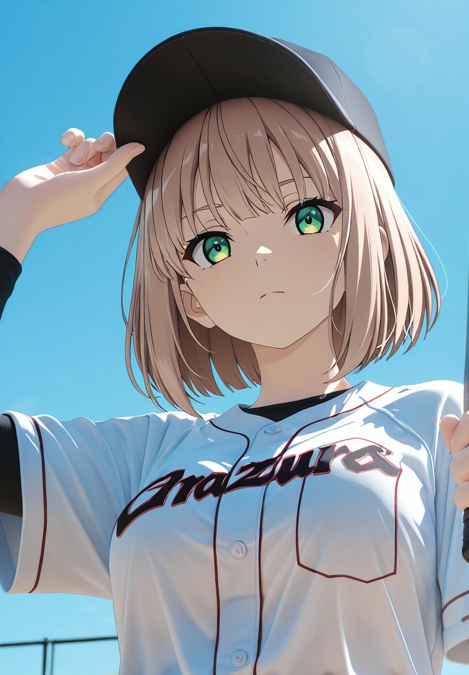 An anime girl with short light brown hair and green eyes, wearing a white baseball uniform and a black cap, looks down at the camera while adjusting her cap against a bright blue sky.