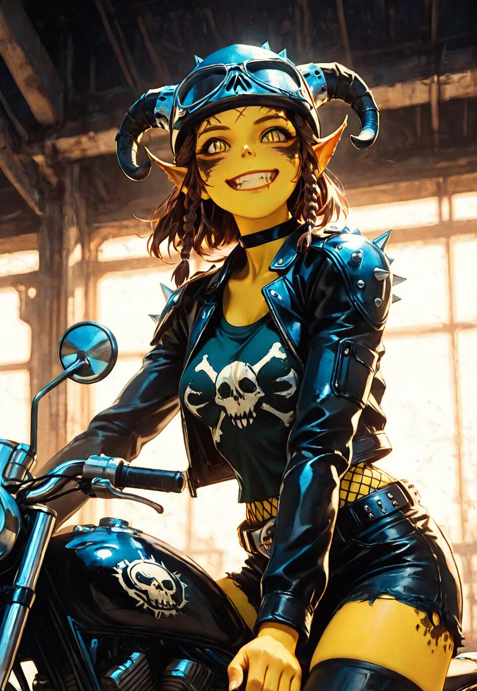 A digital illustration of Lae'zel from Baldur's Gate 3 as a punk biker. She has yellow skin, pointy ears, and a wide smile, wearing a horned helmet, a spiked leather jacket, and a skull t-shirt while sitting on her motorcycle.
