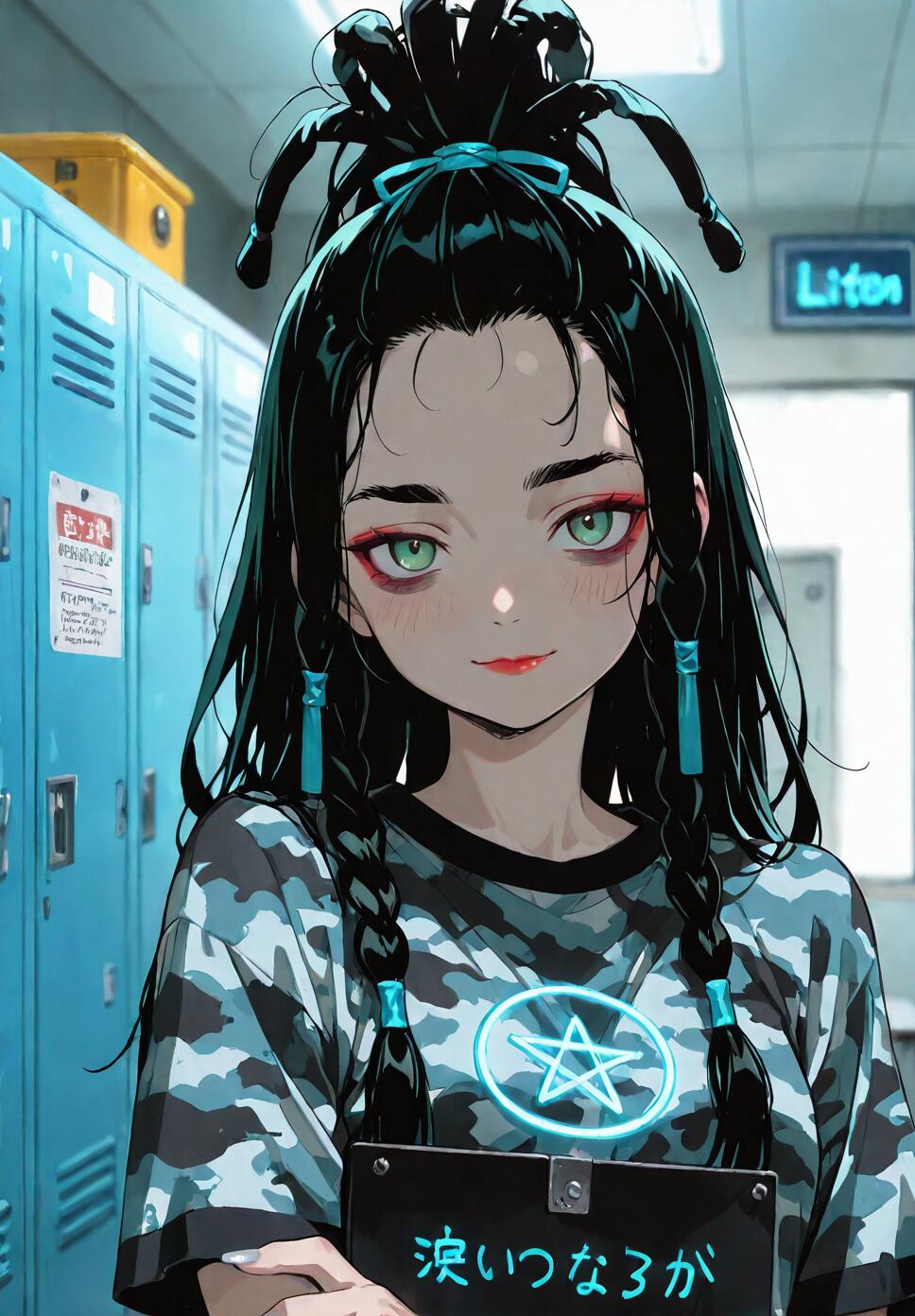 An anime illustration of a girl with black hair in a dreadlock topknot and braids, wearing a camouflage t-shirt with a neon pentagram, standing in a hallway with blue lockers.