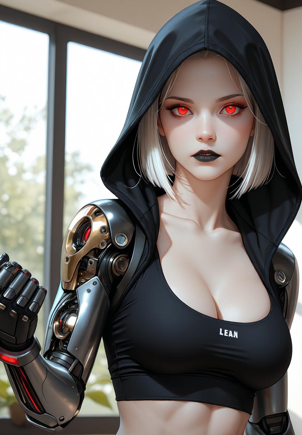 A close-up portrait of a young woman with white hair, glowing red eyes, and a robotic arm. She is wearing a black hooded sports top and looking directly at the camera with a serious expression.