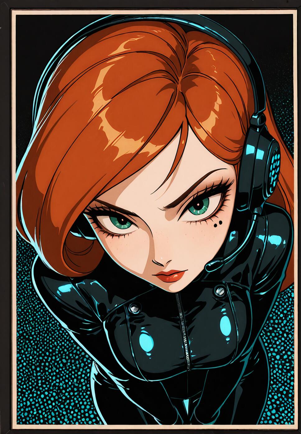 A high-angle, pop art style illustration of a woman with bright red hair, green eyes, and a focused expression. She is wearing a tight black spy suit and a headset, against a dark background with blue dots.
