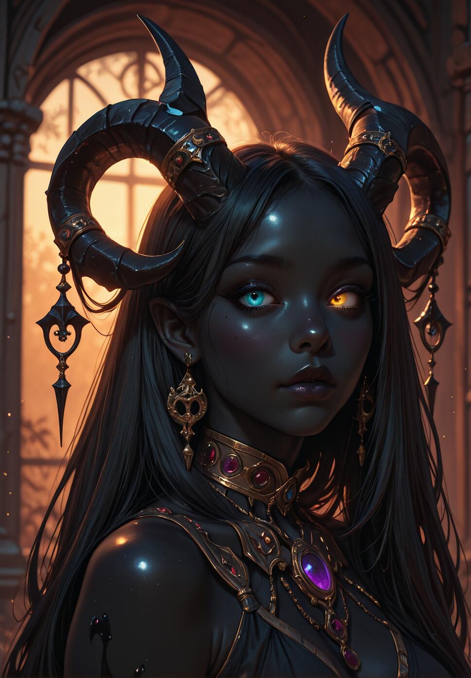 A highly detailed fantasy illustration of a beautiful demoness with dark skin, long black hair, and large, curved horns. She has one blue eye and one gold eye (heterochromia) and is adorned with ornate gold and purple jewelry. She stands in a gothic hall with a sunlit arched window in the background.