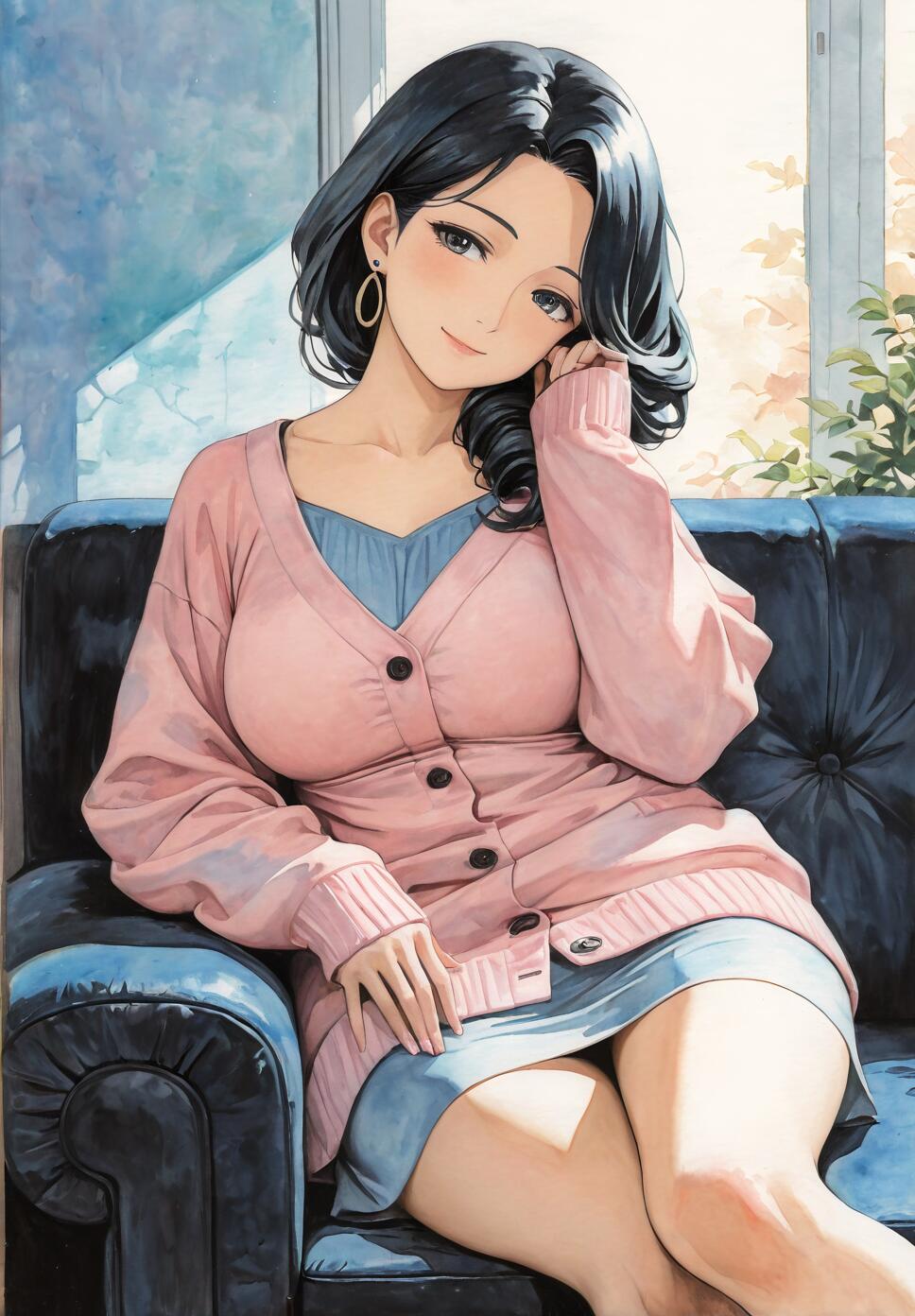 An illustration of a woman with short black hair and a pink cardigan sitting on a dark couch. She is smiling softly and tilting her head, with a sunlit window in the background.