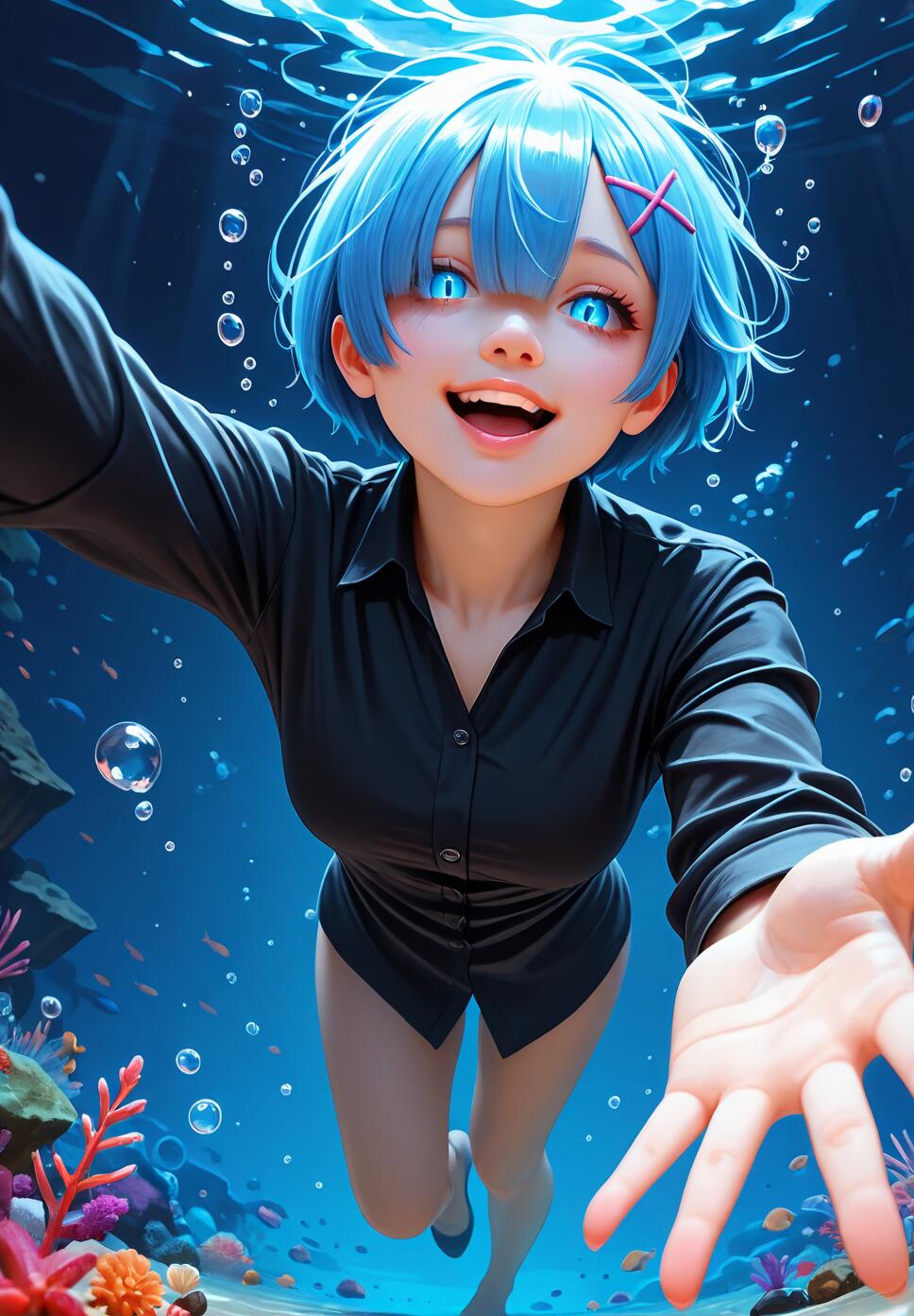 An anime illustration of Rem from Re:Zero underwater. She has short blue hair, a pink hair clip, and is wearing a black collared shirt. She is smiling happily and reaching one hand towards the viewer in a selfie-style pose.