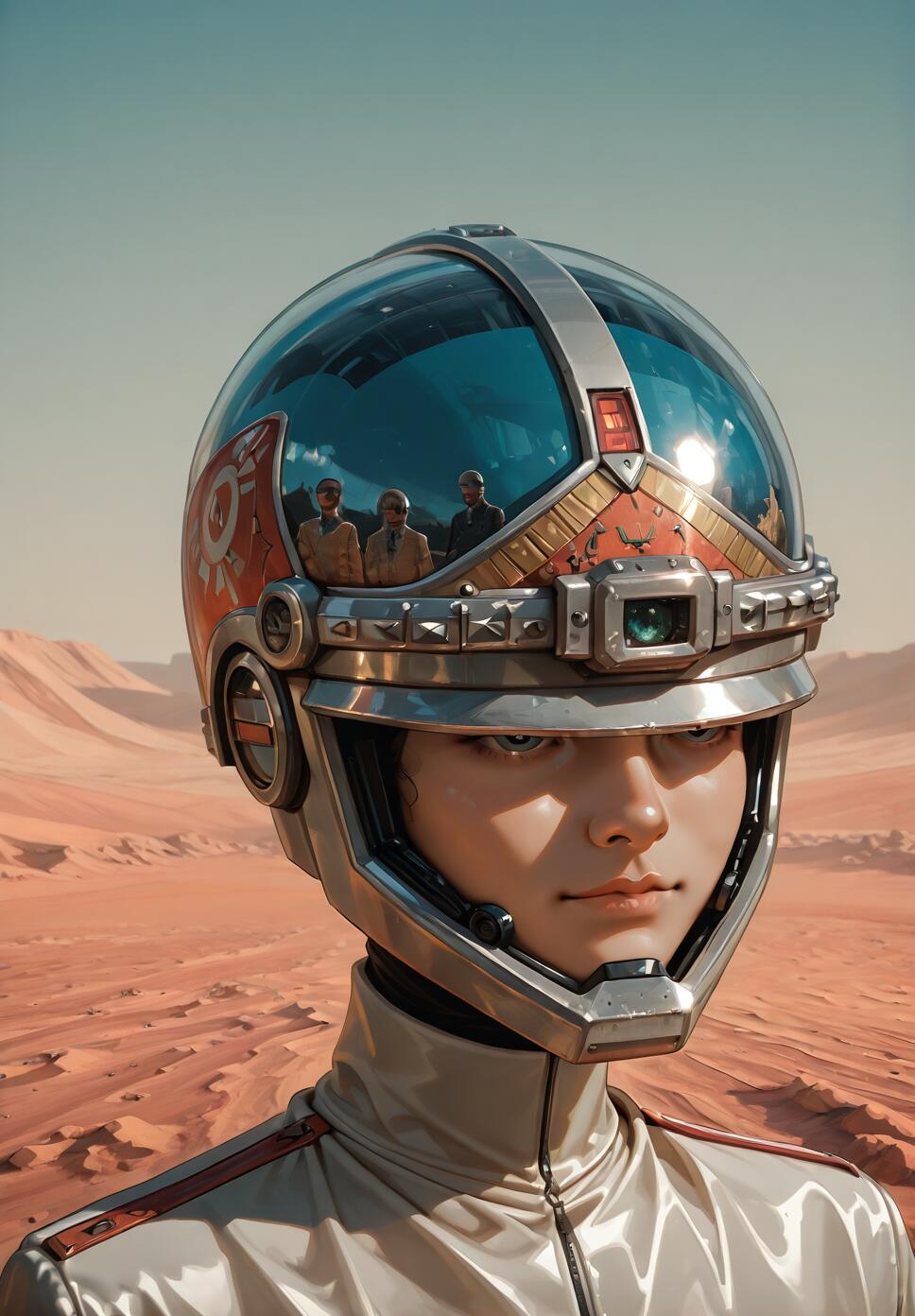 A close-up portrait of a young person with light skin and blue eyes wearing a complex, retro-style silver and red space helmet in a vast, red desert. The helmet's clear blue visor reflects three men in old-fashioned suits.