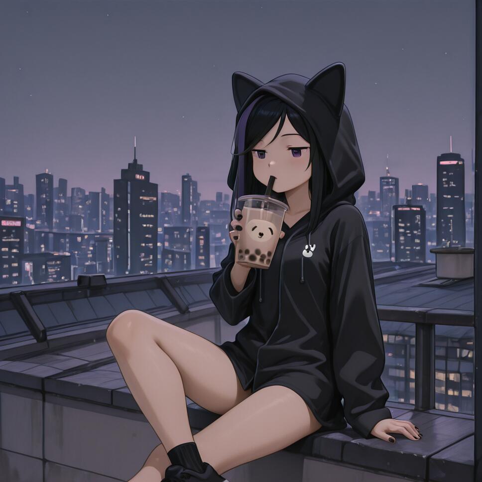 An anime-style girl with black and purple hair, wearing a black cat-ear hoodie, sits on a rooftop at night, drinking bubble tea and looking out over a city skyline.