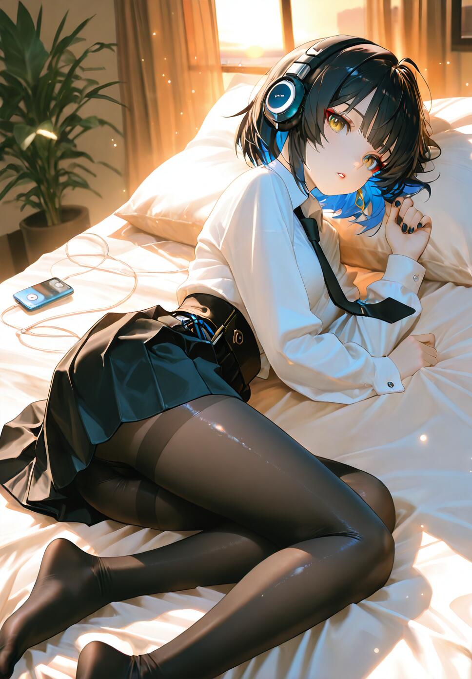 Rover from Wuthering Waves, a young woman with short black and blue hair, lies on her side on a bed in a sunlit room, listening to music on headphones and looking directly at the viewer.