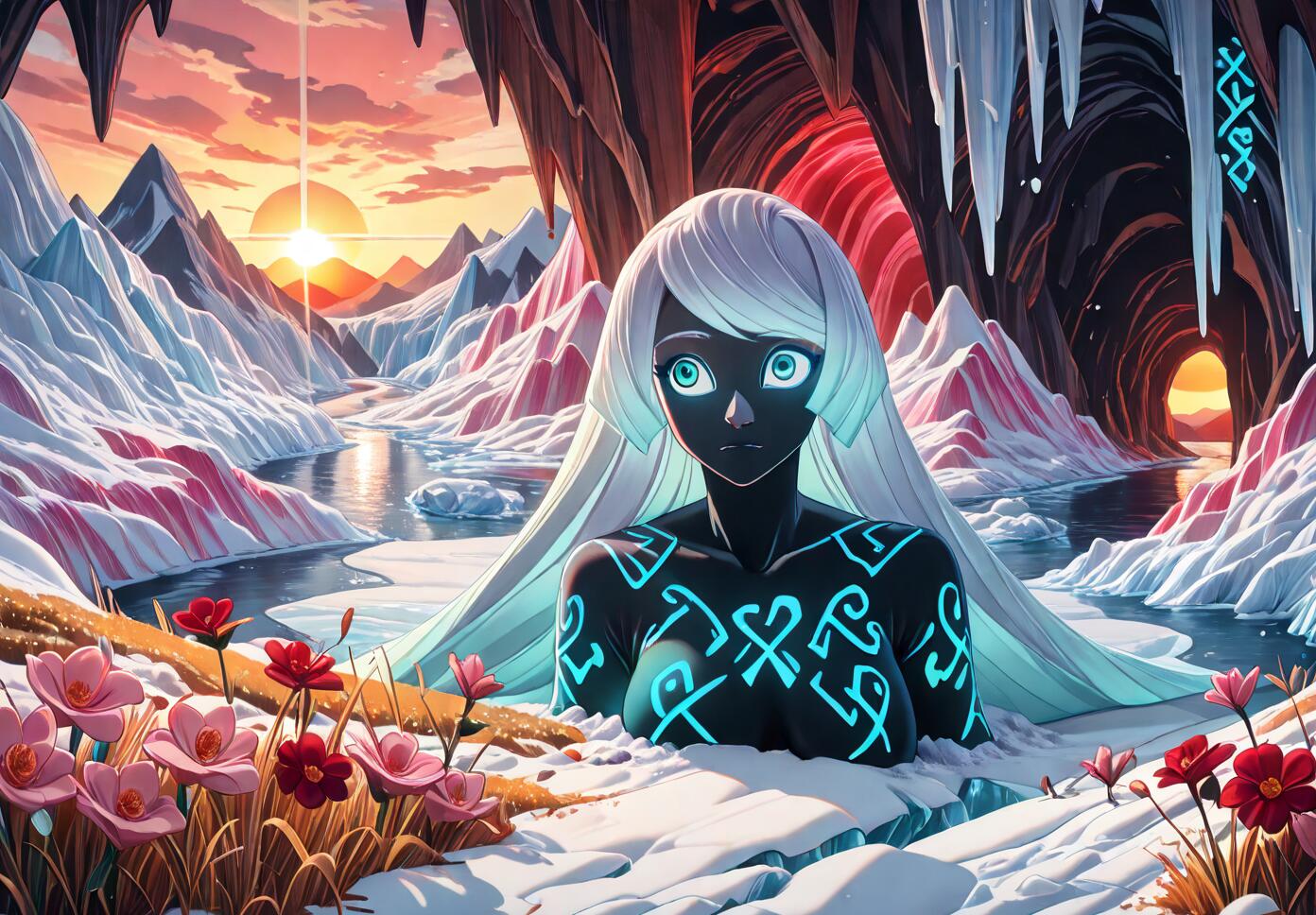 An anime-style illustration of a mystical woman with dark skin, glowing cyan runes, and long white hair, emerging from a frozen river in a snowy mountain valley at sunset. The scene is framed by a cave, and vibrant flowers grow in the snow in the foreground.