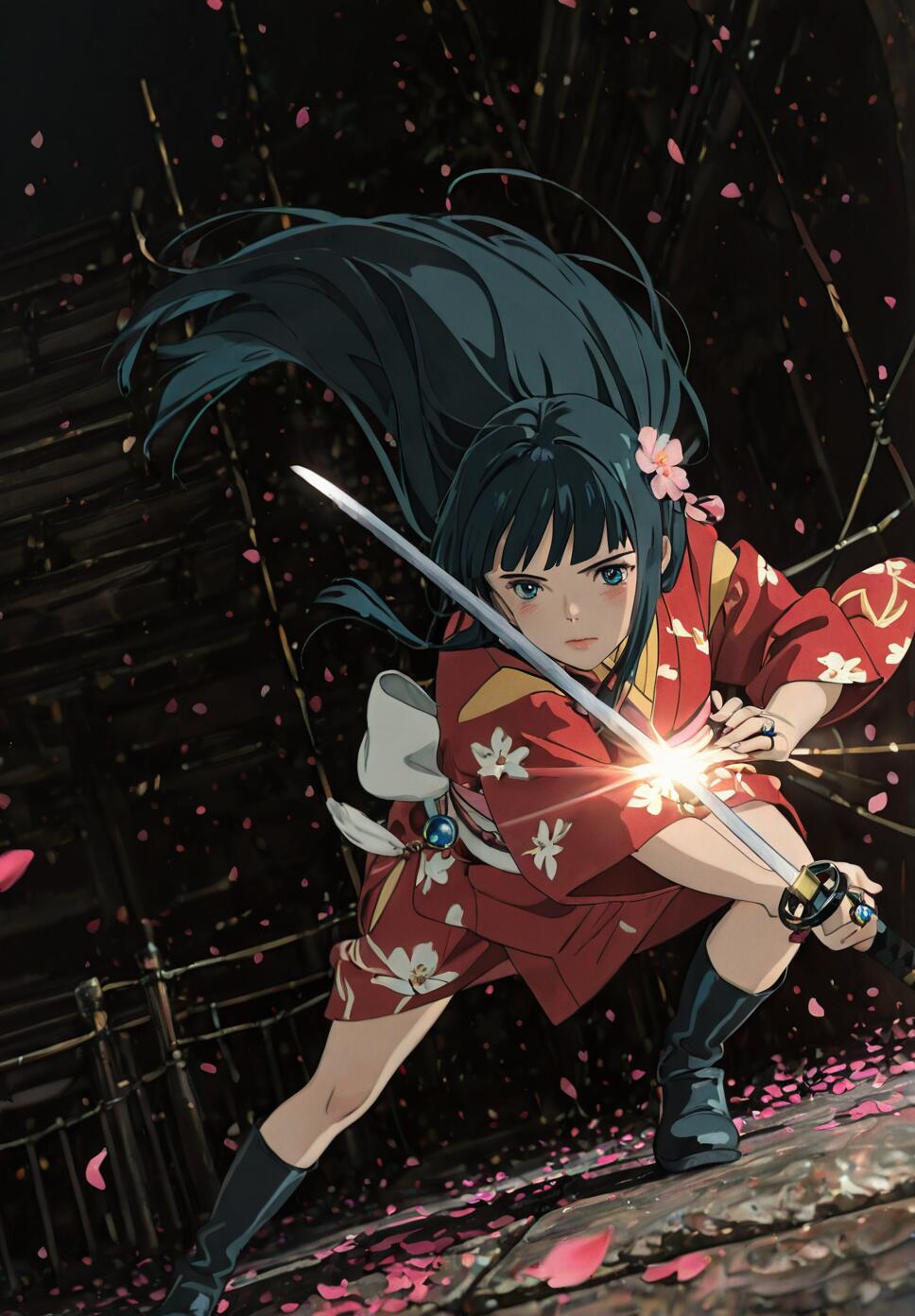 Sawa Yukimura from the anime Joran: The Princess of Snow and Blood, crouching in a fighting pose with her katana drawn, as pink petals fall around her against a dark background.