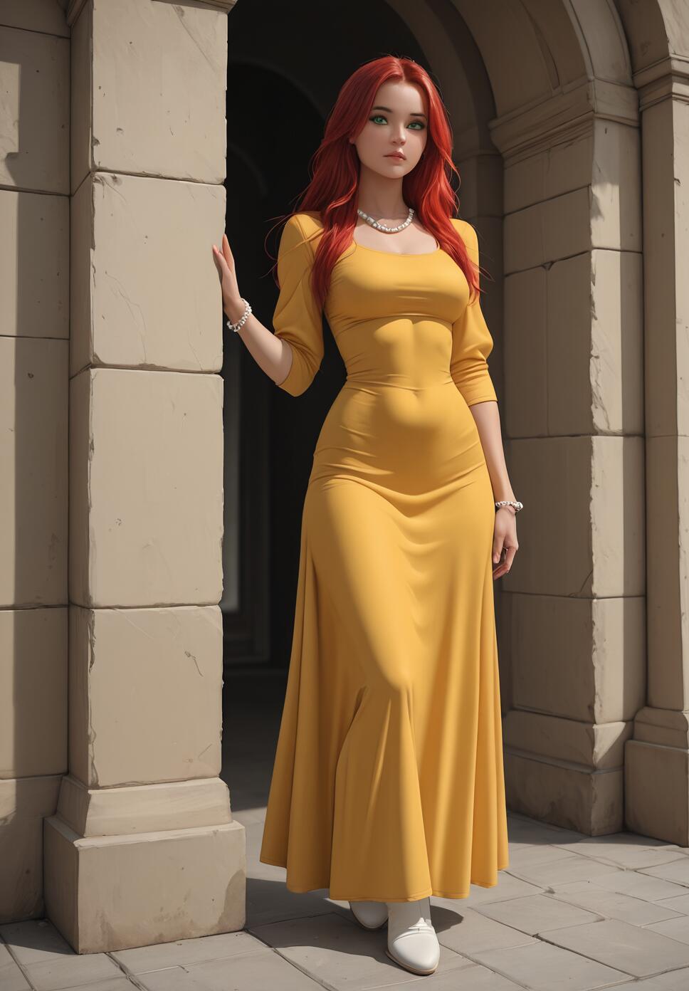 A full-length portrait of a young woman with long, vibrant red hair and green eyes. She is wearing an elegant, long-sleeved, form-fitting yellow dress, a pearl necklace, and white boots while standing in a stone doorway.