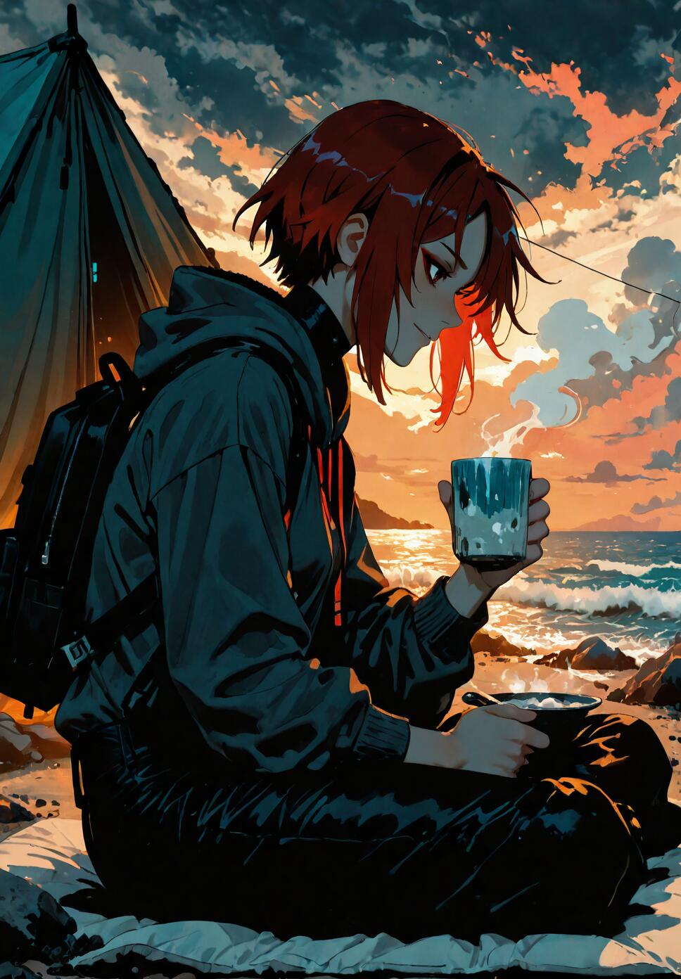 An illustration of Alina Seo from the game Signalis, a young woman with short red hair, camping on a beach at sunset. She is wearing a dark grey hoodie and sits by her tent, holding a steaming mug and looking peacefully towards the ocean.