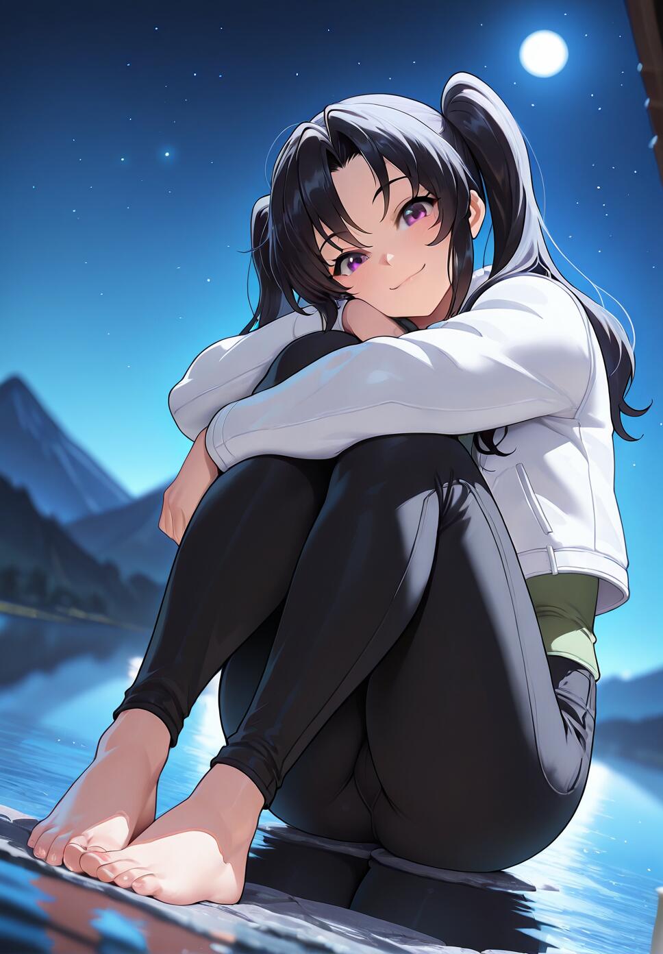 Serafall Leviathan from High School DxD sitting barefoot on a dock by a mountain lake at night, smiling happily at the viewer under a full moon.