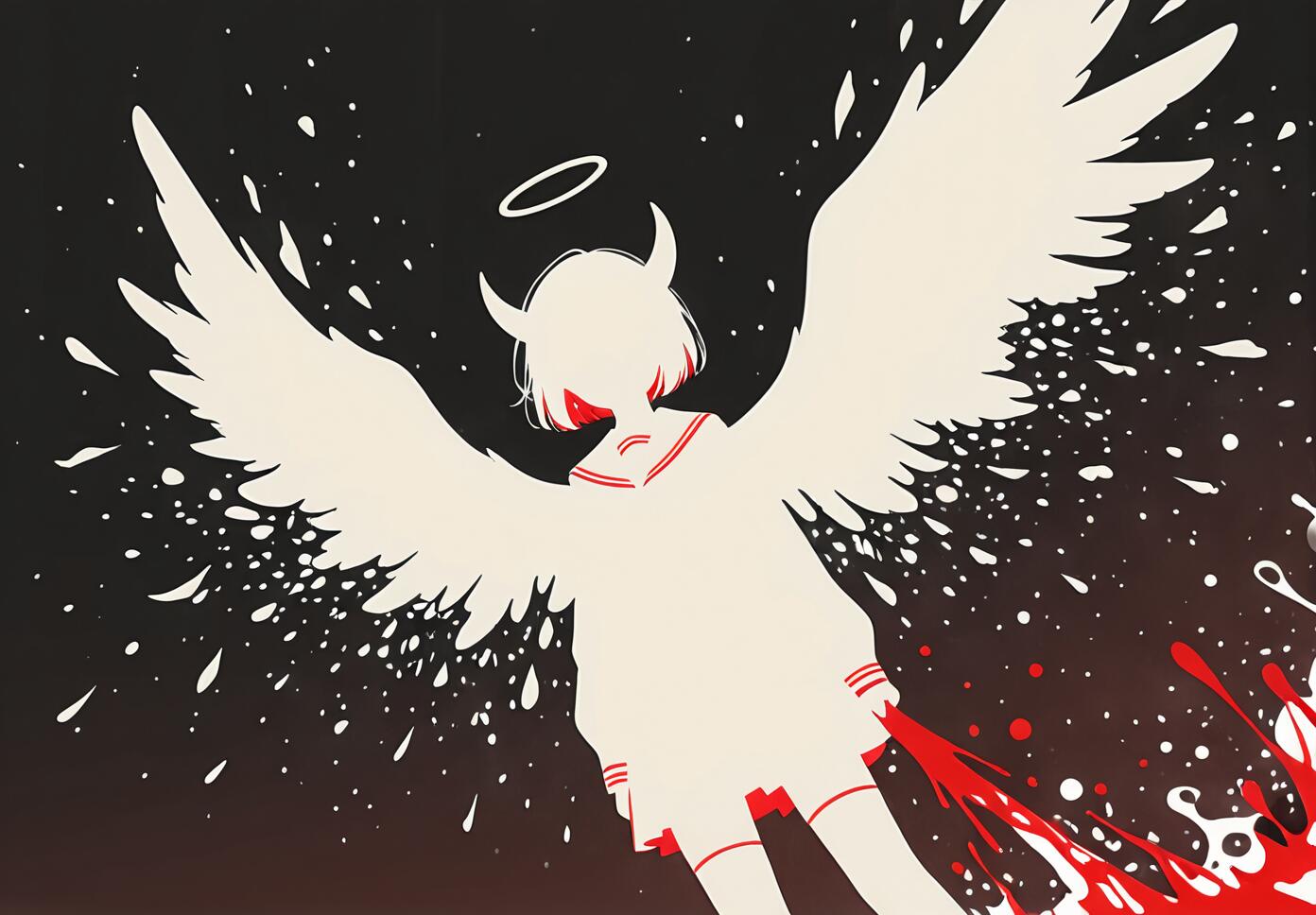 A minimalist, high-contrast illustration of a character with large white angel wings, a halo, and demon horns. The figure is in a school uniform against a dark background with a prominent red blood splatter.