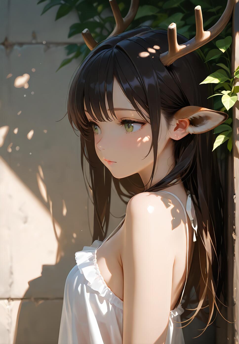 An anime-style girl with long dark hair, green eyes, deer antlers, and deer ears, wearing a white top. She is looking to the side, bathed in dappled sunlight against a wall with green leaves.