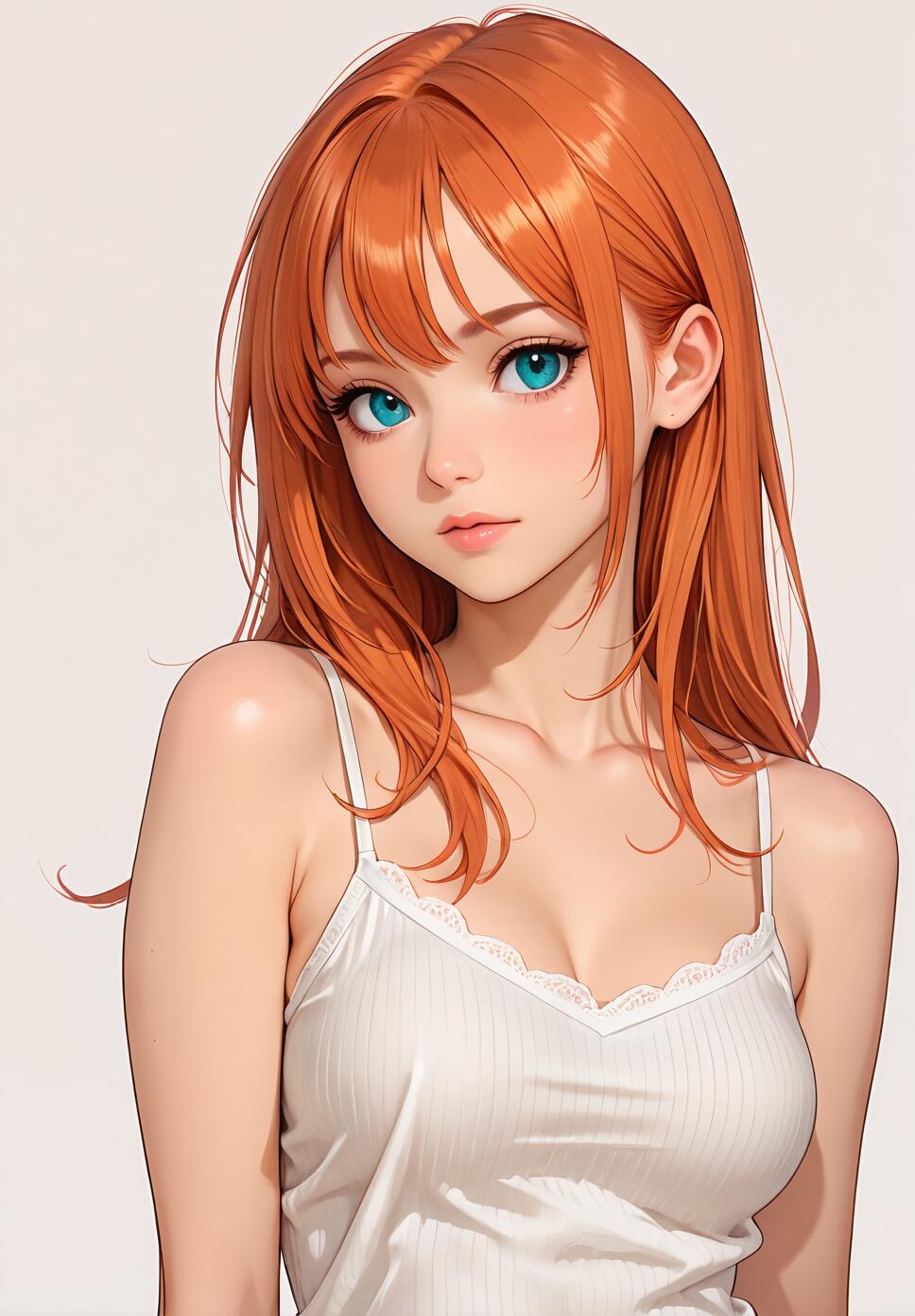 An anime-style digital portrait of a young woman with long orange hair and bright blue eyes, wearing a white camisole and looking at the viewer.