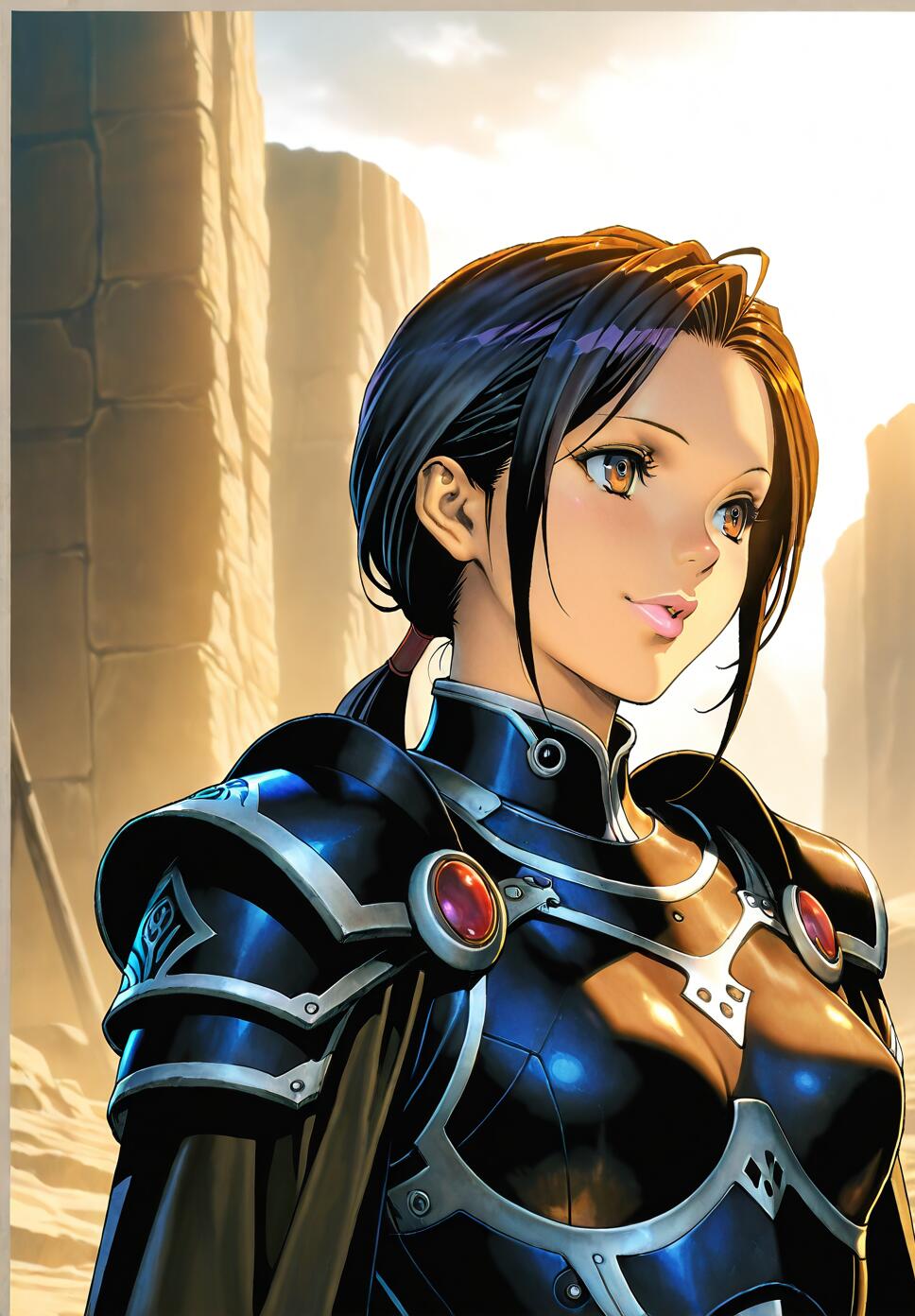 An anime-style illustration of a young woman with black hair in a ponytail, wearing ornate black and silver armor with red gems, smiling slightly against a backdrop of a sunny desert canyon.