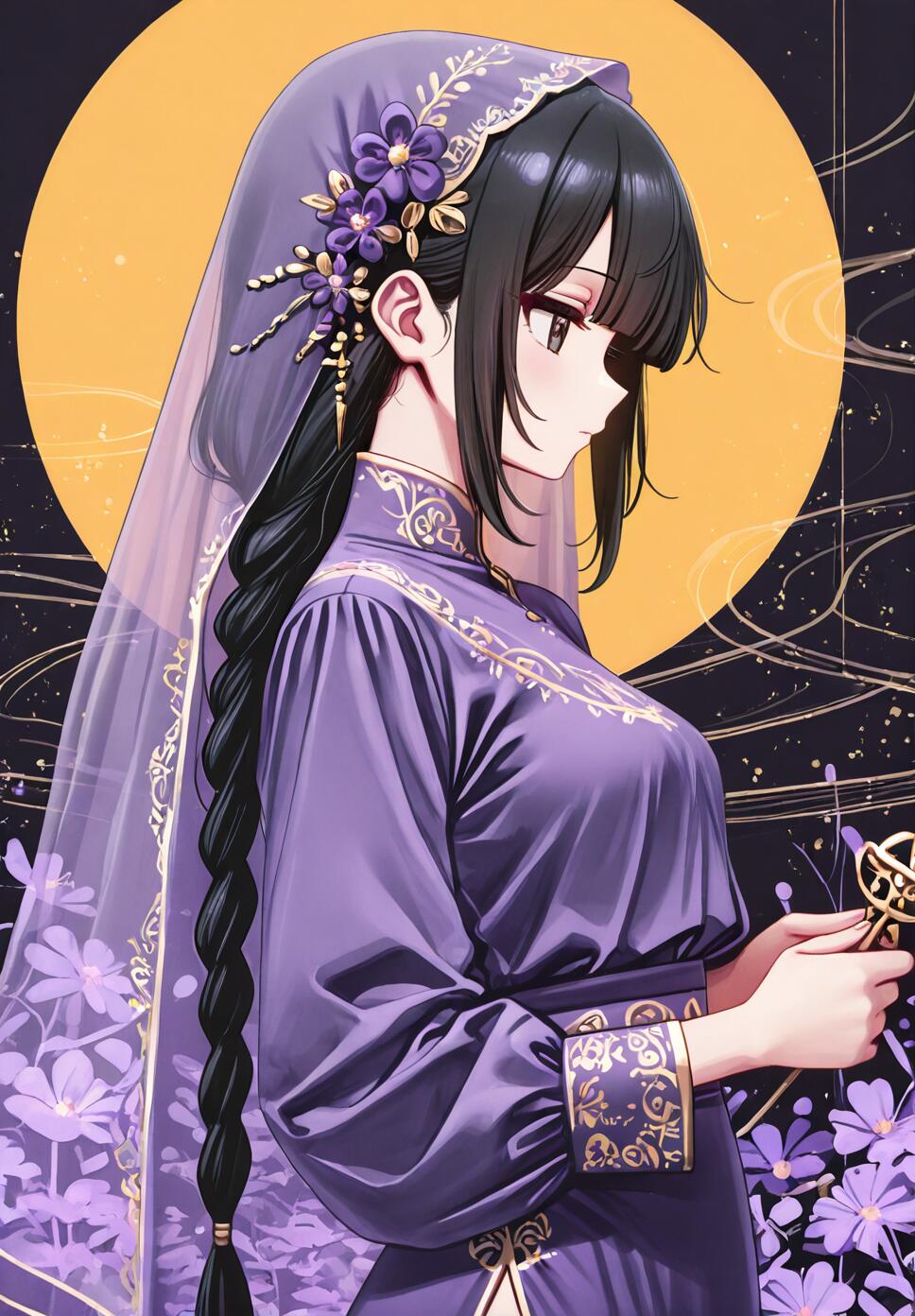 An anime girl with long black braided hair and a purple veil, wearing an elegant purple dress with gold embroidery, stands in side profile against a background with a large yellow moon.