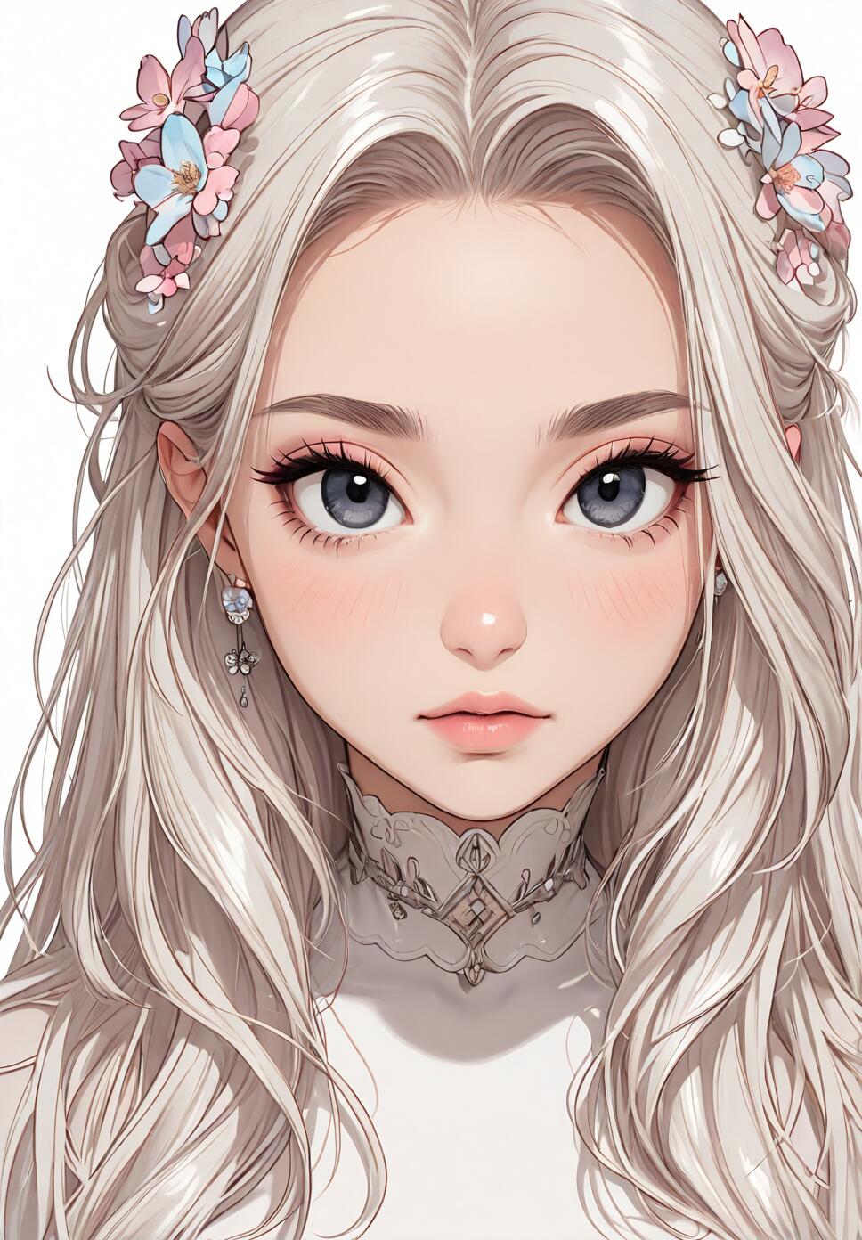 Headshot illustration of a young woman with long silver hair, large grey-blue eyes, and pink and blue flowers in her hair, wearing a white high-collared shirt.