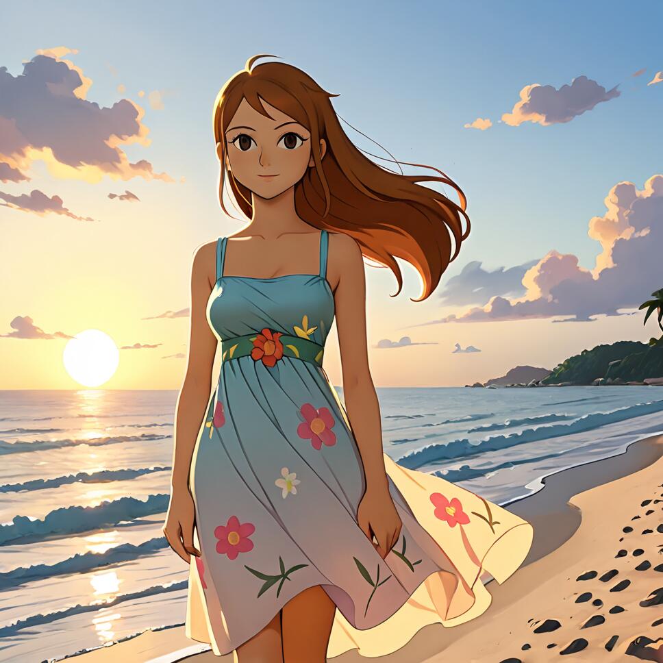 An anime-style girl with brown hair in a blue floral summer dress walking on a beach at sunset, with the ocean and a golden sky in the background.