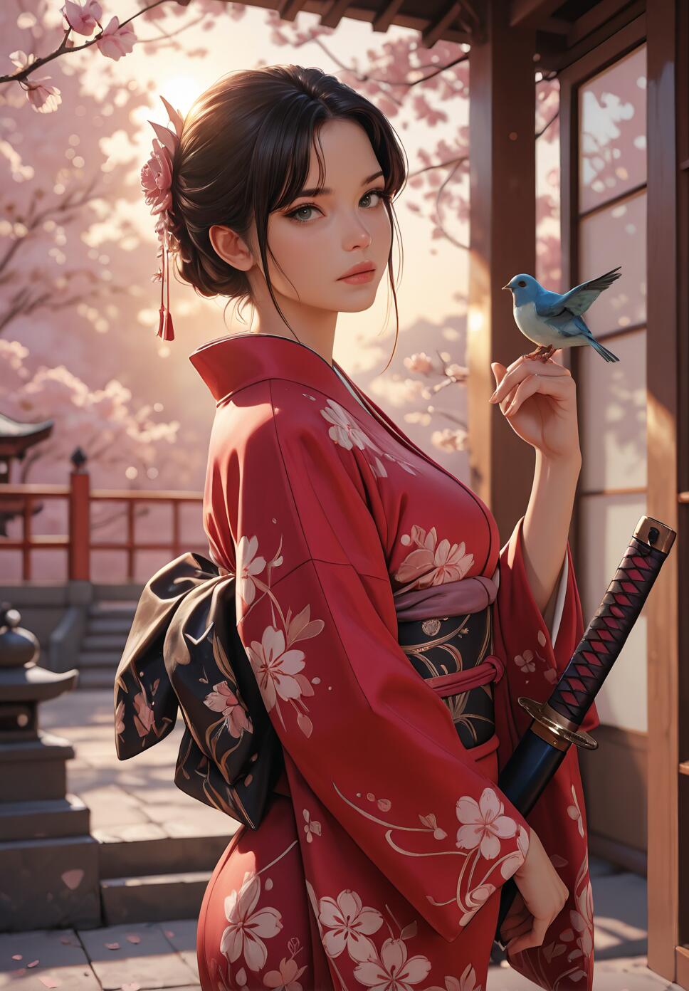 A beautiful woman with dark hair and a flower ornament stands in a Japanese garden filled with cherry blossoms. She is wearing a red floral kimono, holding a katana, and has a small blue bird perched on her hand.