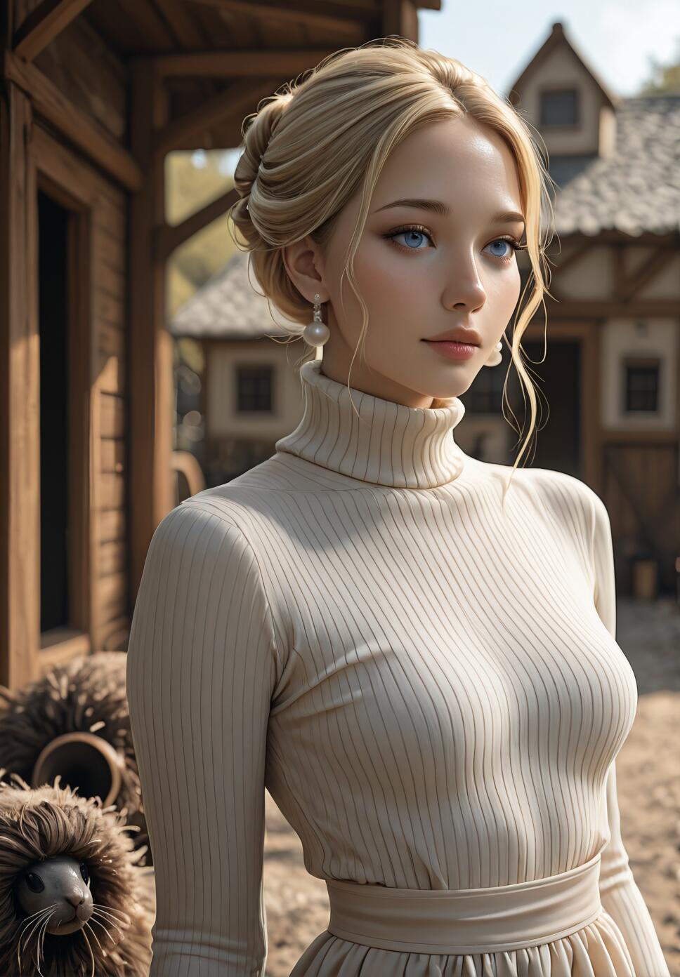 A beautiful young woman with blonde hair in an updo and blue eyes, wearing a cream turtleneck and pearl earrings, stands in a rustic village setting.