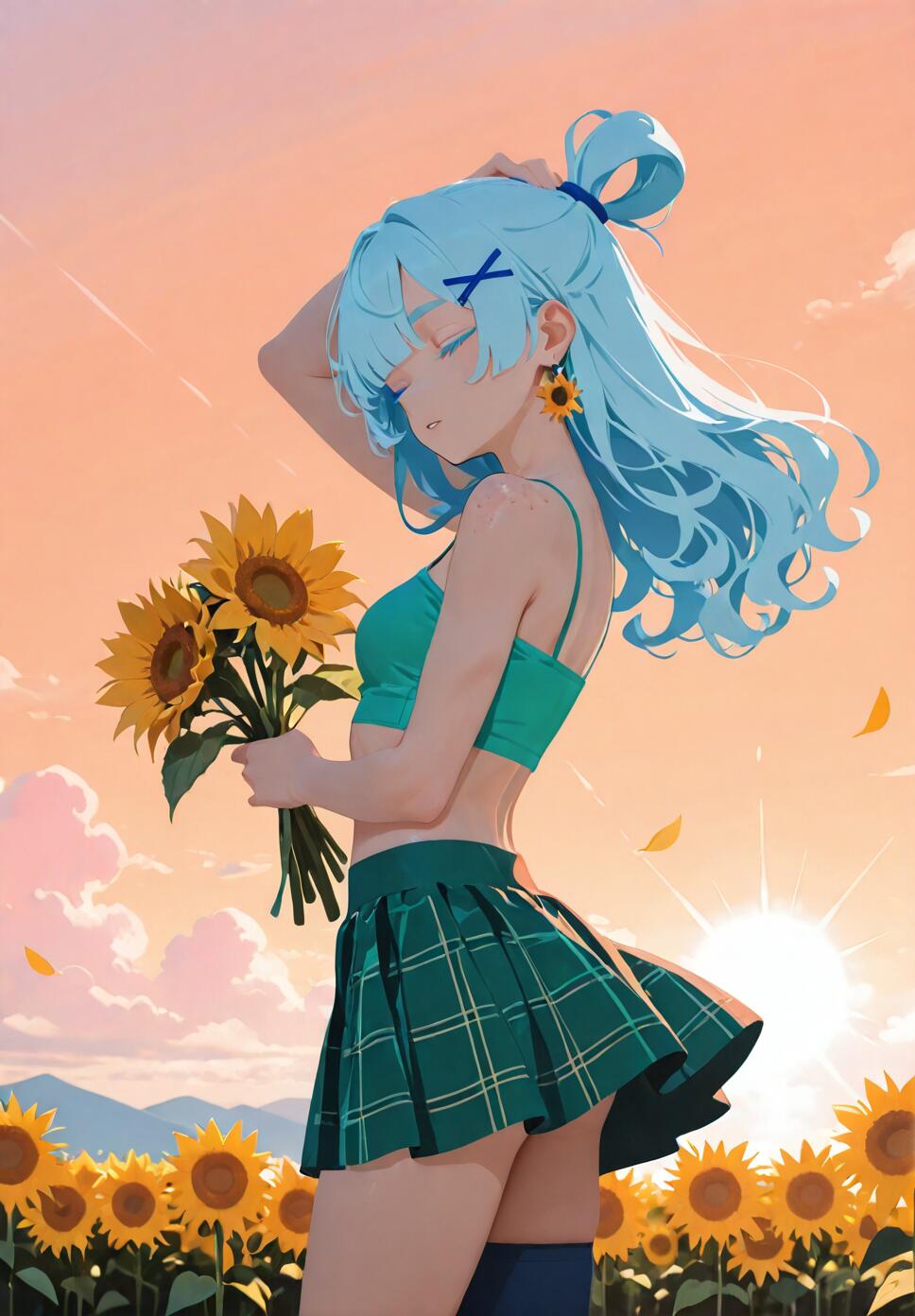 An anime-style illustration of a girl with light blue hair in a green crop top and plaid skirt, standing in a sunflower field at sunset. She holds a bouquet of sunflowers and has her hand on her head with her eyes closed.