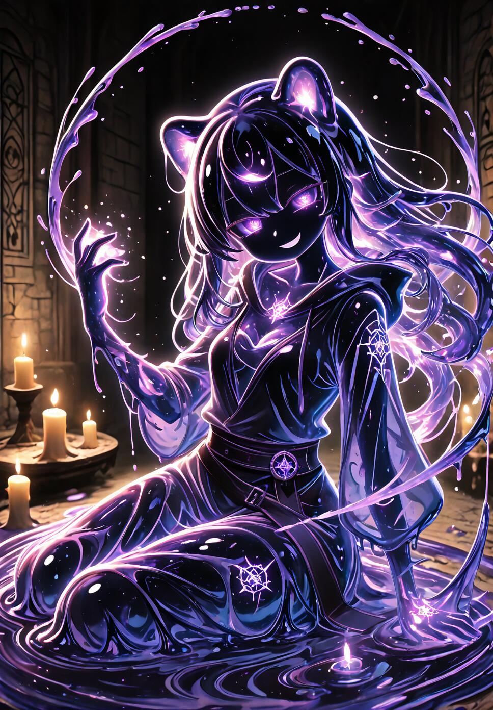 An anime-style girl with cat ears made of glowing purple slime sits in a puddle of the same substance inside a dark, candlelit room. She has a mischievous grin and is holding a ball of purple magic.