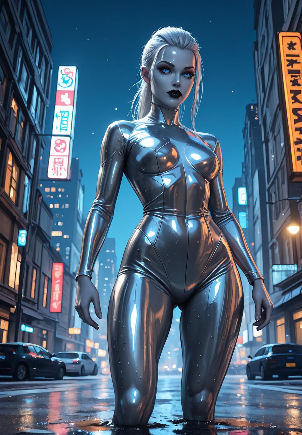 A full-length illustration of the silver-skinned Marvel character Shalla-Bal standing on a wet city street at night. She wears a tight, metallic silver bodysuit, has silver hair and blue eyes, and is surrounded by tall buildings with glowing neon signs.