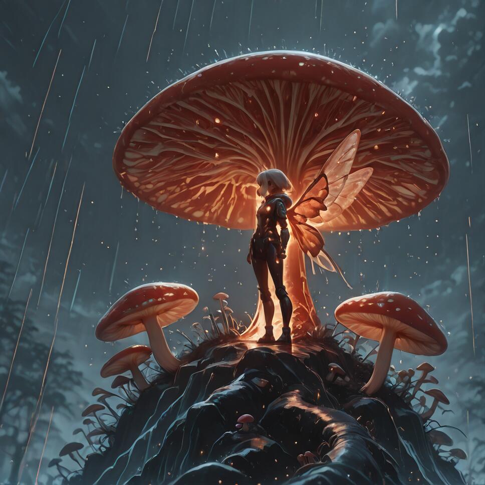 A full-body view of a white-haired fairy in a dark futuristic suit standing under the glowing gills of a massive red mushroom. It is raining, and smaller red and white mushrooms grow on the dark, wet ground around her.
