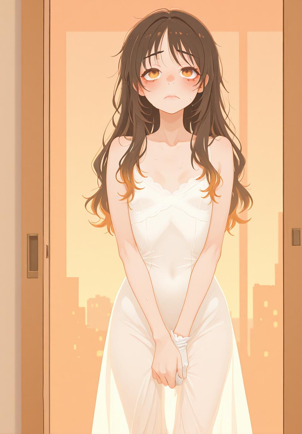 A young anime girl with long brown hair and orange eyes, wearing a white nightgown, stands in a doorway against a sunset cityscape with a shy and sad expression.