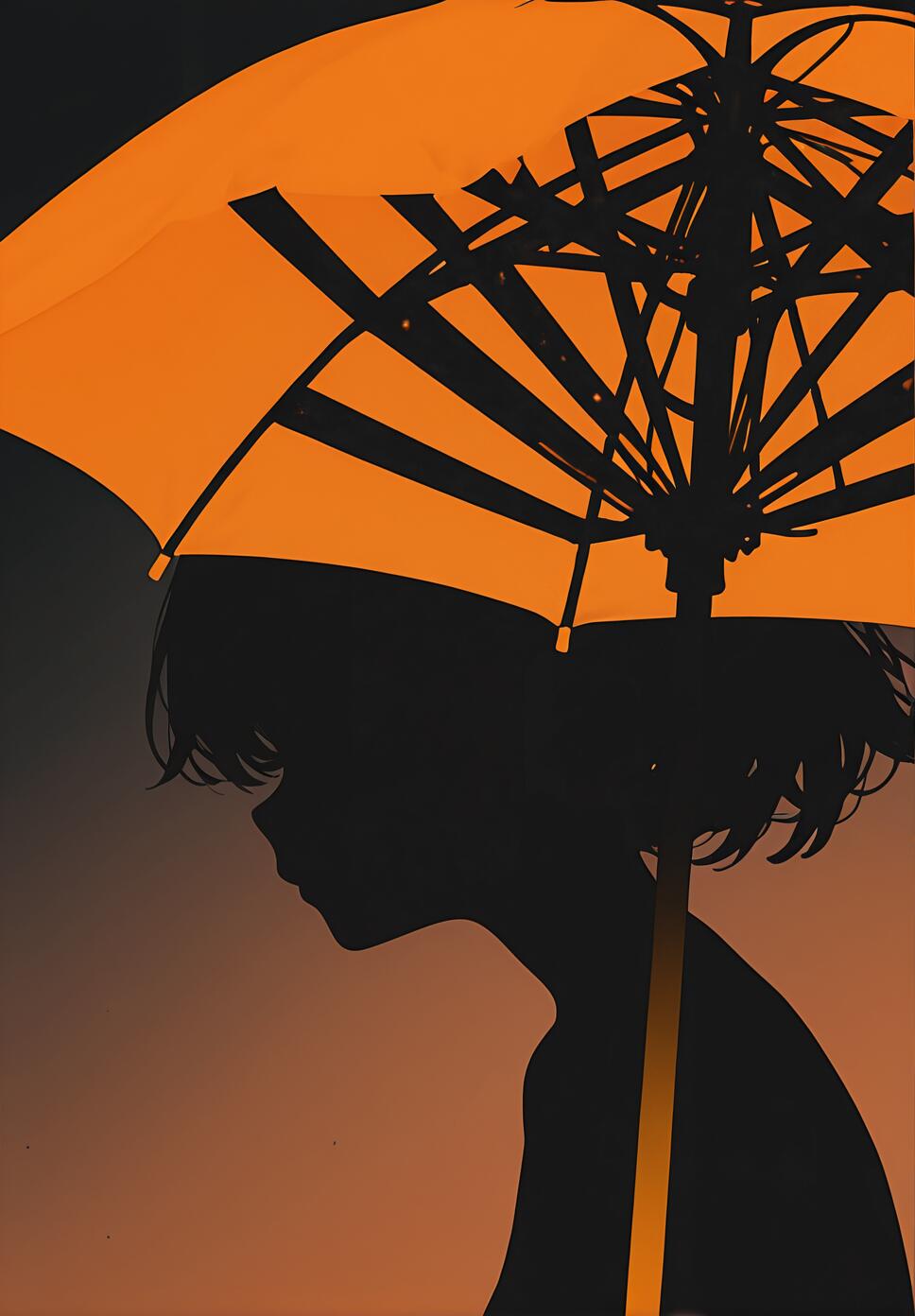 A minimalist illustration of a person in black silhouette with short, shaggy hair, seen in profile while holding a bright orange umbrella. The background is a dark gradient.