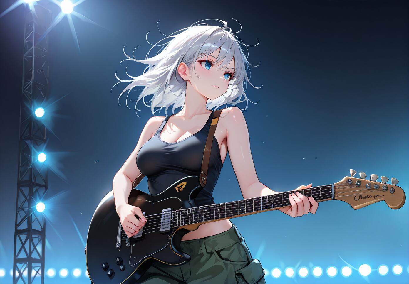 An anime girl with medium-length silver hair and blue eyes playing a black electric guitar on a brightly lit concert stage.