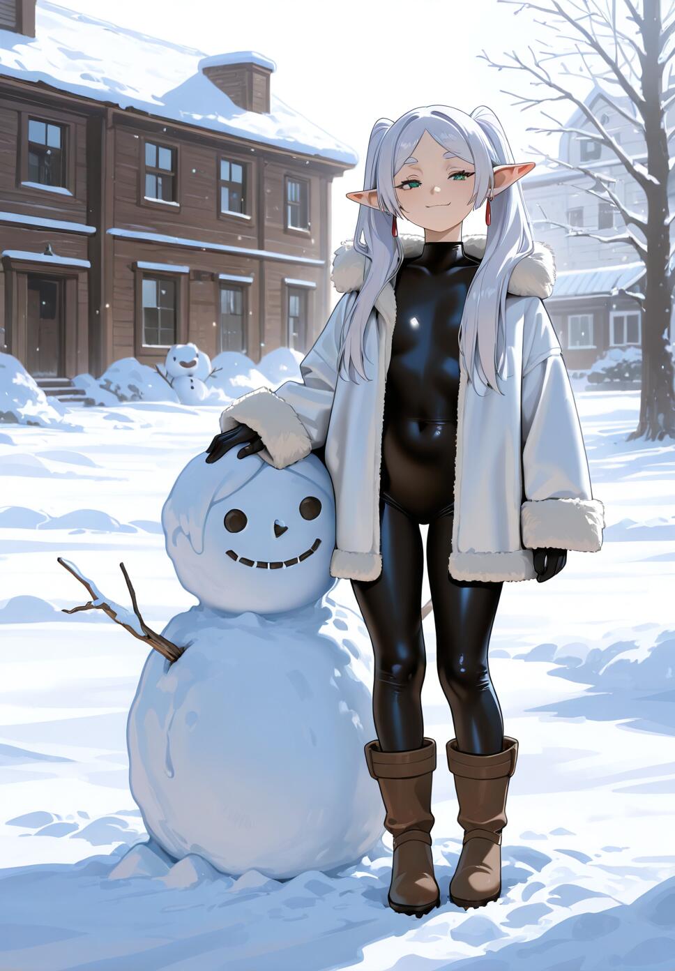 An anime-style illustration of the elf Frieren from Frieren: Beyond Journey's End, smiling smugly as she stands next to a snowman in a snowy village. She wears a black bodysuit and a white fur-lined jacket.