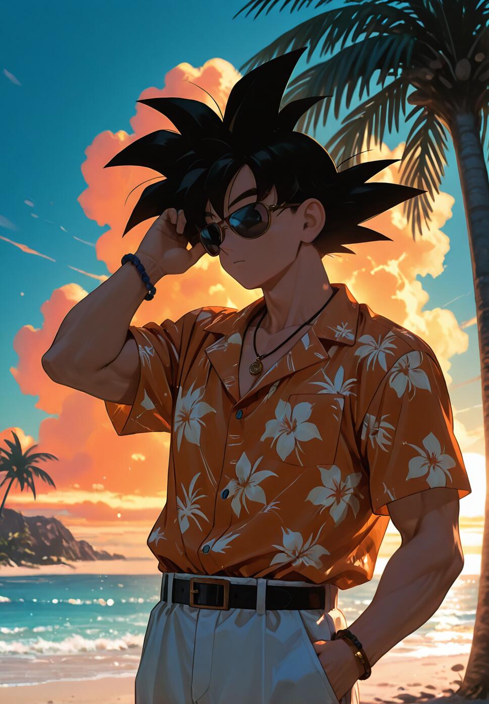 Son Goku from Dragon Ball in an orange Hawaiian shirt and sunglasses, standing on a beach at sunset with palm trees in the background.