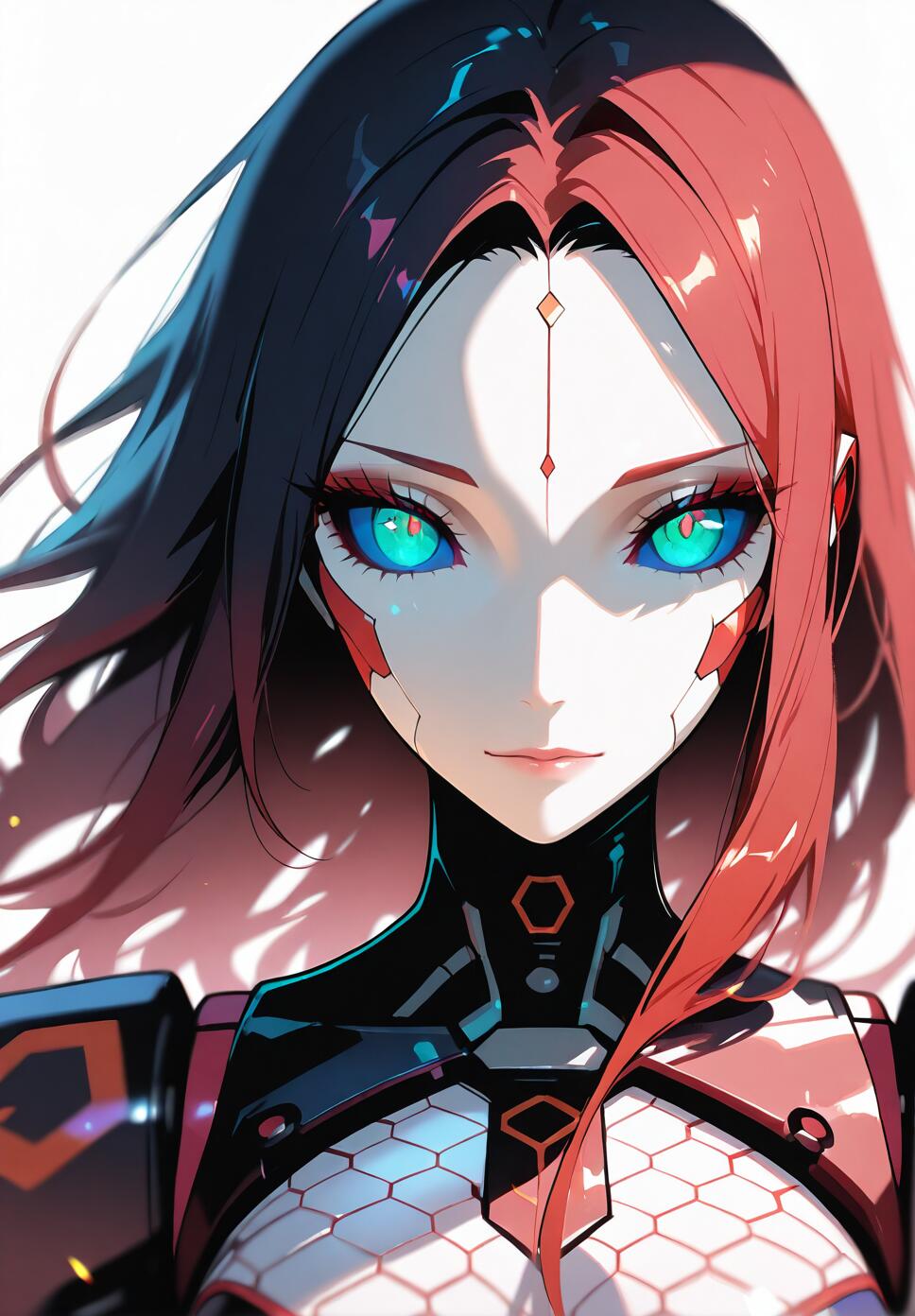 An anime-style illustration of a cyborg girl with half-black, half-red hair, glowing cyan eyes, and a futuristic black and white suit with a honeycomb pattern.