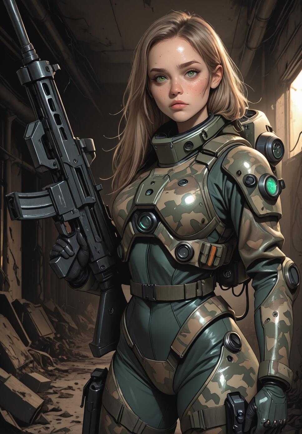 A young woman with light brown hair and green eyes wearing a futuristic camouflage combat exosuit, holding a large rifle in a ruined industrial hallway.