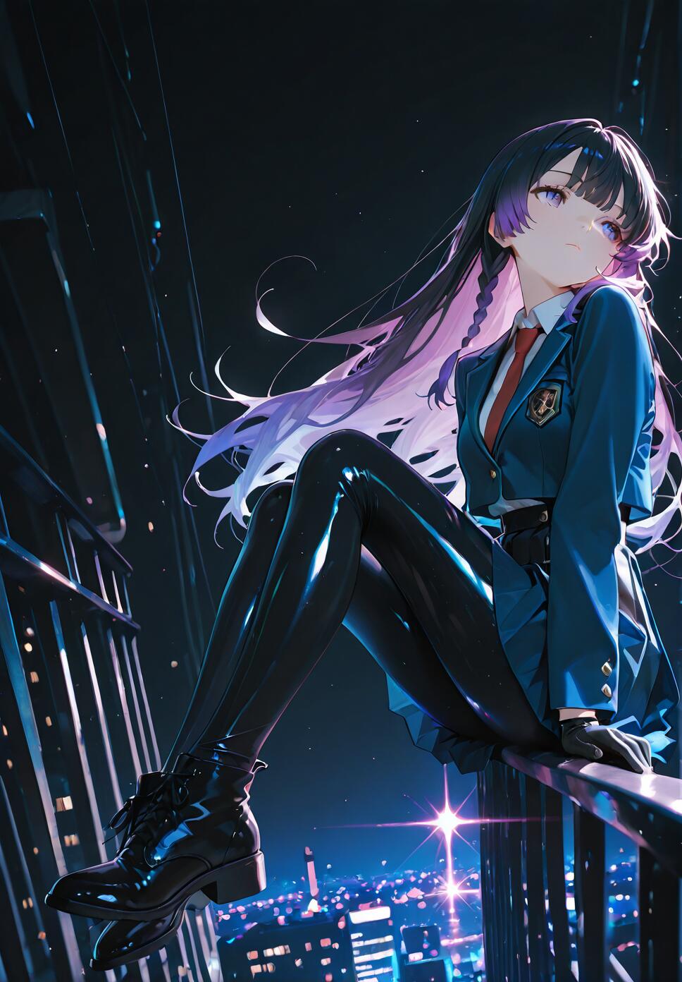 An anime girl with long black and purple gradient hair sits on a railing overlooking a brightly lit city at night. She wears a blue school uniform blazer, a red tie, shiny black leggings, and black boots.