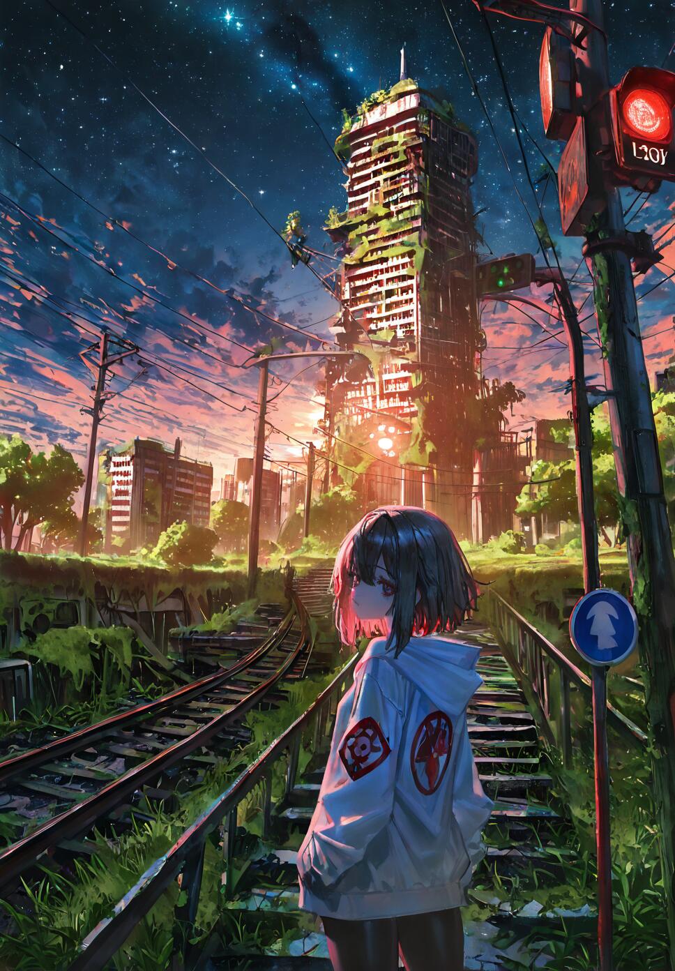 An anime-style illustration of a girl in a white hoodie standing on overgrown stairs beside railroad tracks in a ruined city. A vine-covered skyscraper is in the background under a twilight sky filled with stars.