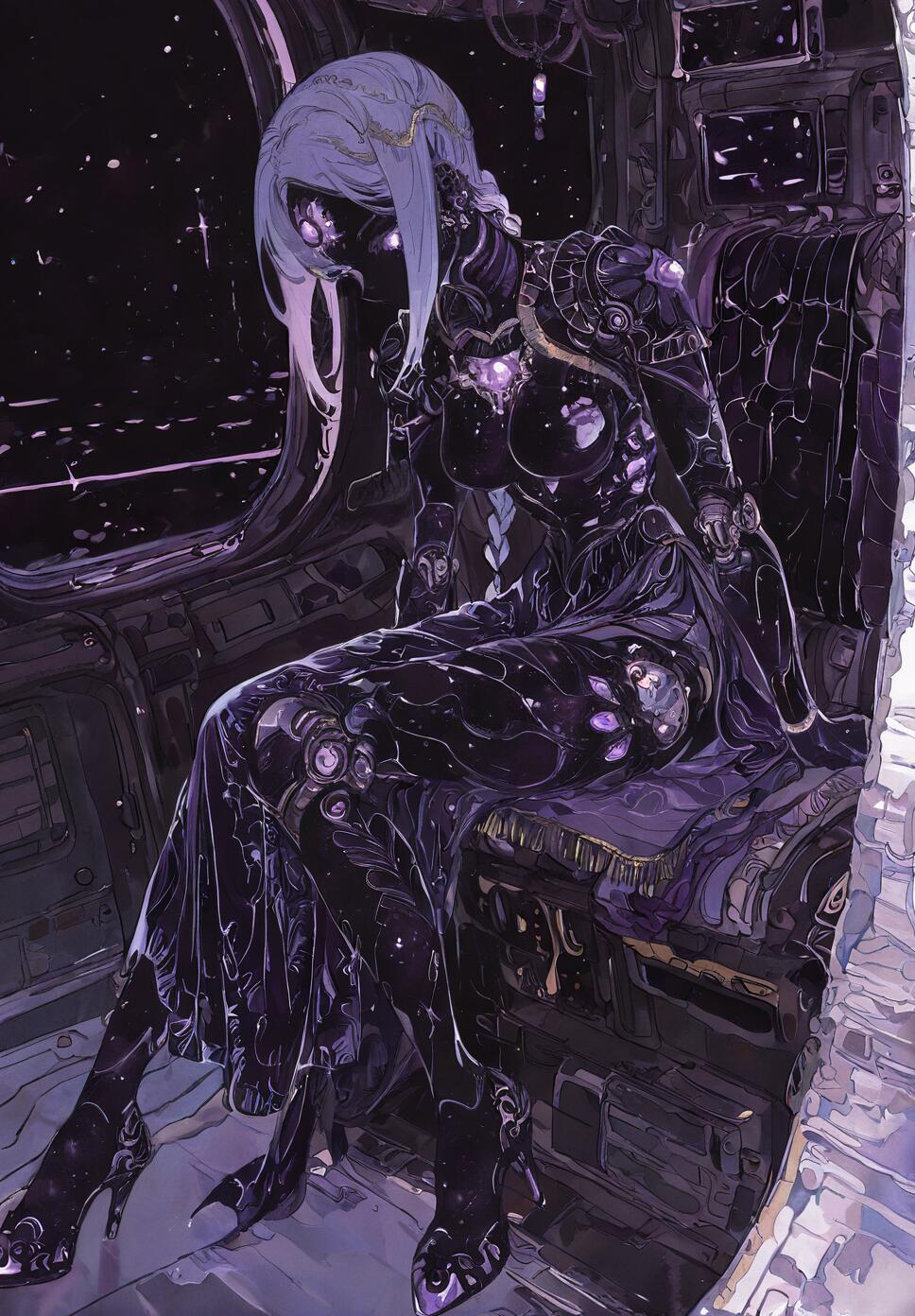A full-body illustration of a female android with light purple hair sitting on a throne inside a spaceship. She is looking down, and her dark, robotic body is decorated with glowing purple gems. A window next to her shows outer space with stars.
