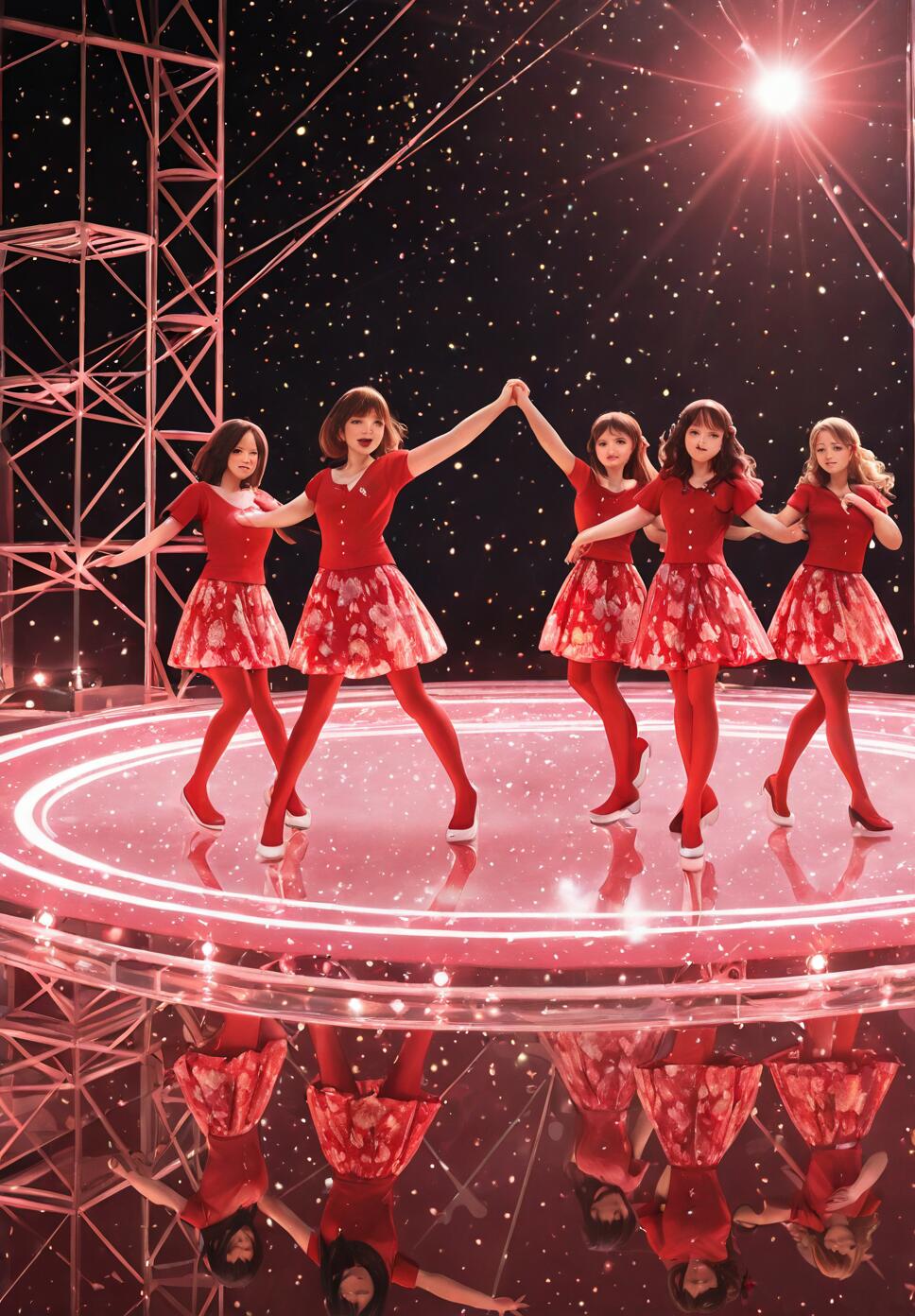 Five young women in matching red floral outfits holding hands and dancing on a circular, reflective stage against a starry night background with a bright spotlight.