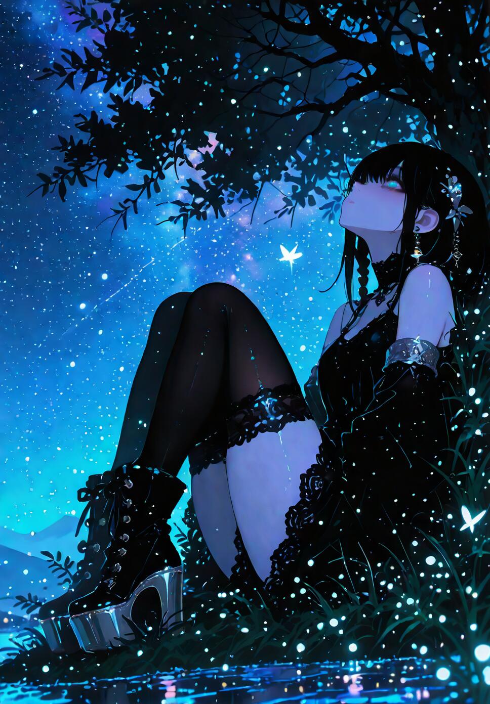 An anime girl with black hair and a gothic black dress sits under a tree at night, looking up at a vibrant, star-filled blue sky. She wears platform boots and thigh-high stockings, and the ground around her glows with fireflies.