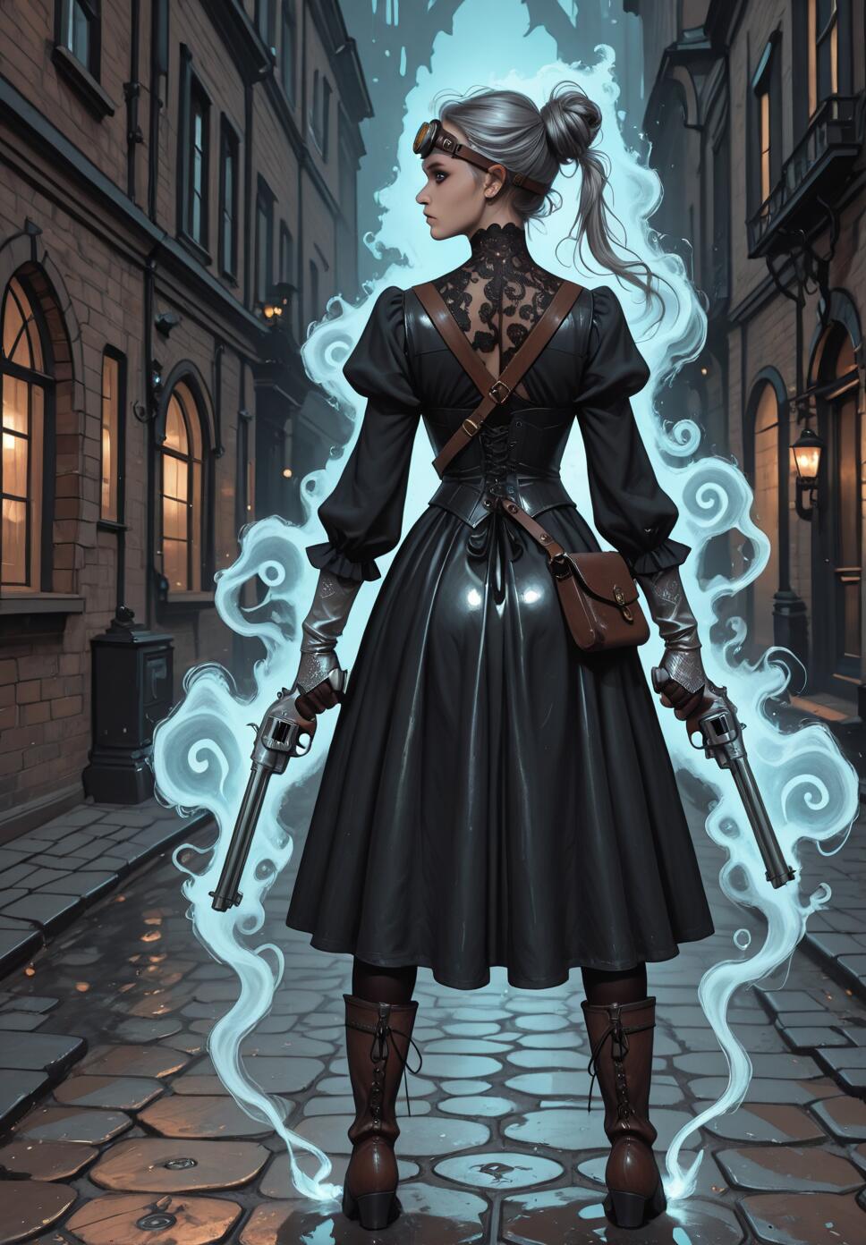 A woman with silver hair in a black Victorian steampunk dress stands with her back mostly to the viewer in a cobblestone alley, holding two revolvers that are emitting a glowing blue smoke.