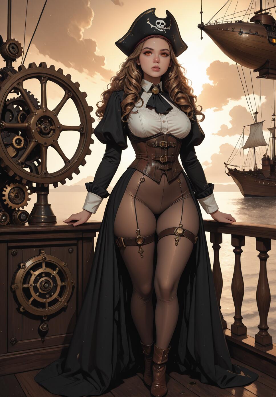 Full body illustration of a curvy female steampunk pirate in a detailed corset and pirate hat, standing on the deck of an airship with large brass gears next to her and a ship in the sky behind her.