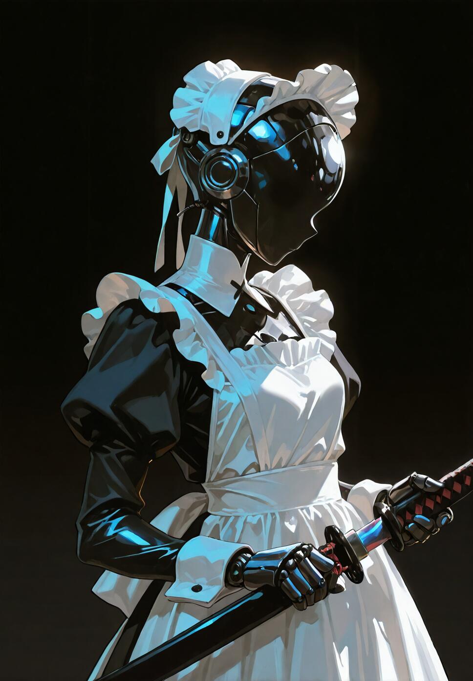 A side profile of a sleek, black robot wearing a traditional white and black maid outfit and a frilly headdress. It holds a Japanese katana in its metallic hands against a black background.