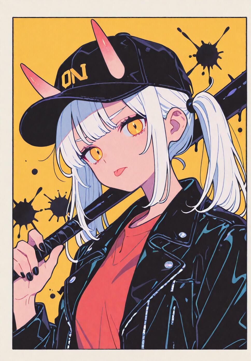 An anime girl with white pigtails, pink demon horns, and yellow eyes, wearing a leather jacket and a backwards baseball cap, holding a baseball bat over her shoulder against a yellow background with black paint splatters.