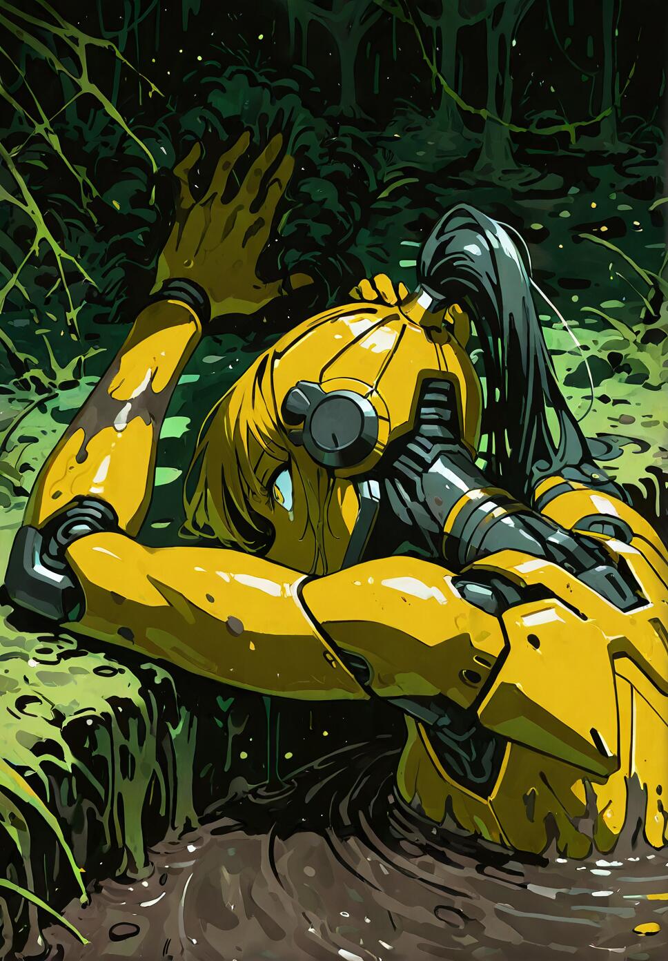 A yellow female android is shown from the chest up, partially submerged and struggling in a dark, muddy swamp. She is looking up with a panicked expression, her left arm raised out of the mire amidst dark green jungle foliage.
