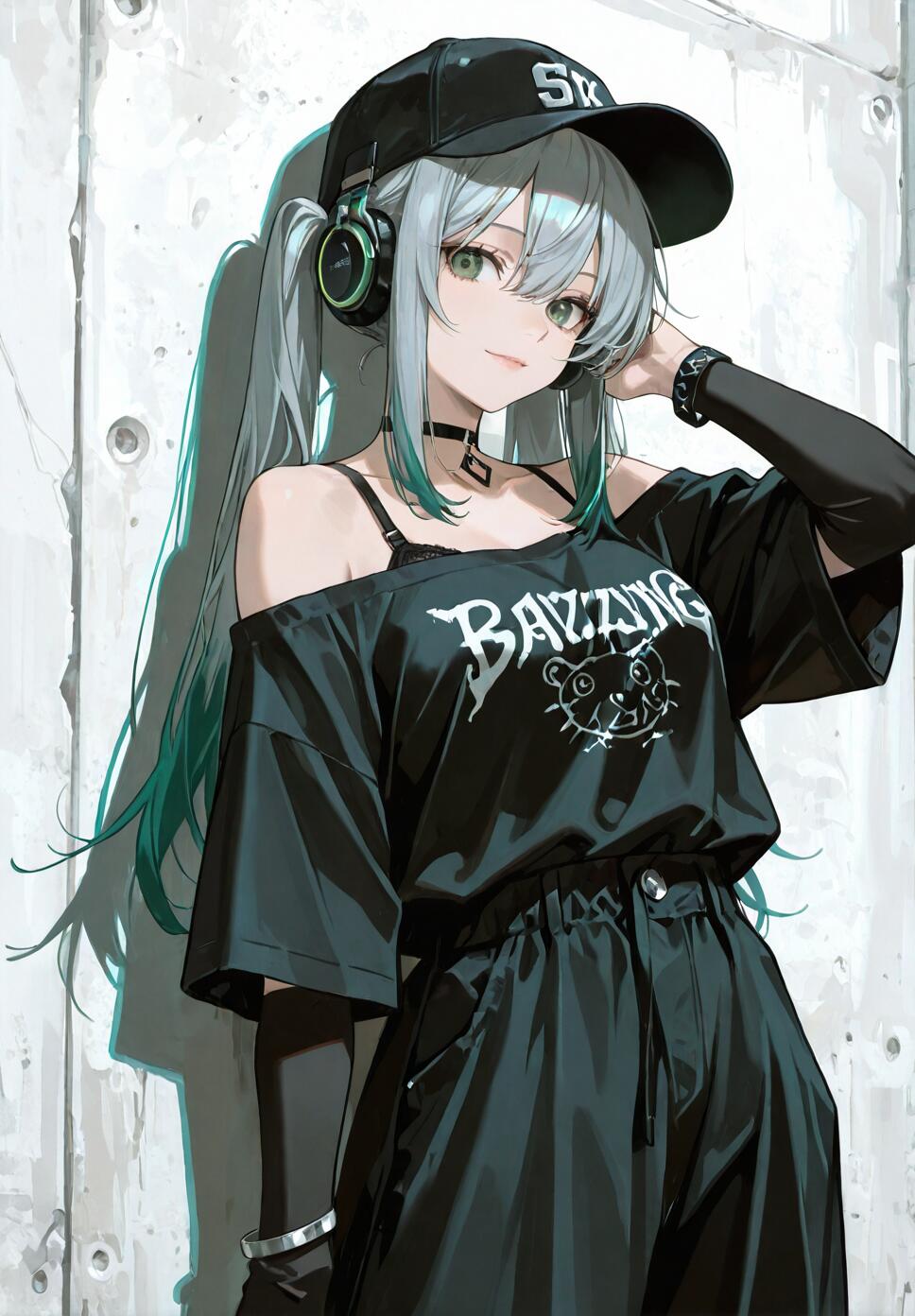 An anime girl with long grey and green hair wearing a black baseball cap, headphones, and a black off-the-shoulder streetwear outfit, leaning against a wall.