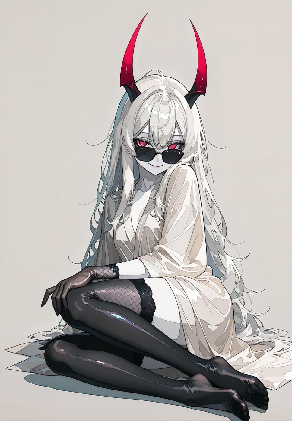 A full-body illustration of a demon girl with long white hair, large red horns, and red eyes behind black sunglasses, sitting on the floor wearing a white robe, black gloves, and thigh-high stockings.
