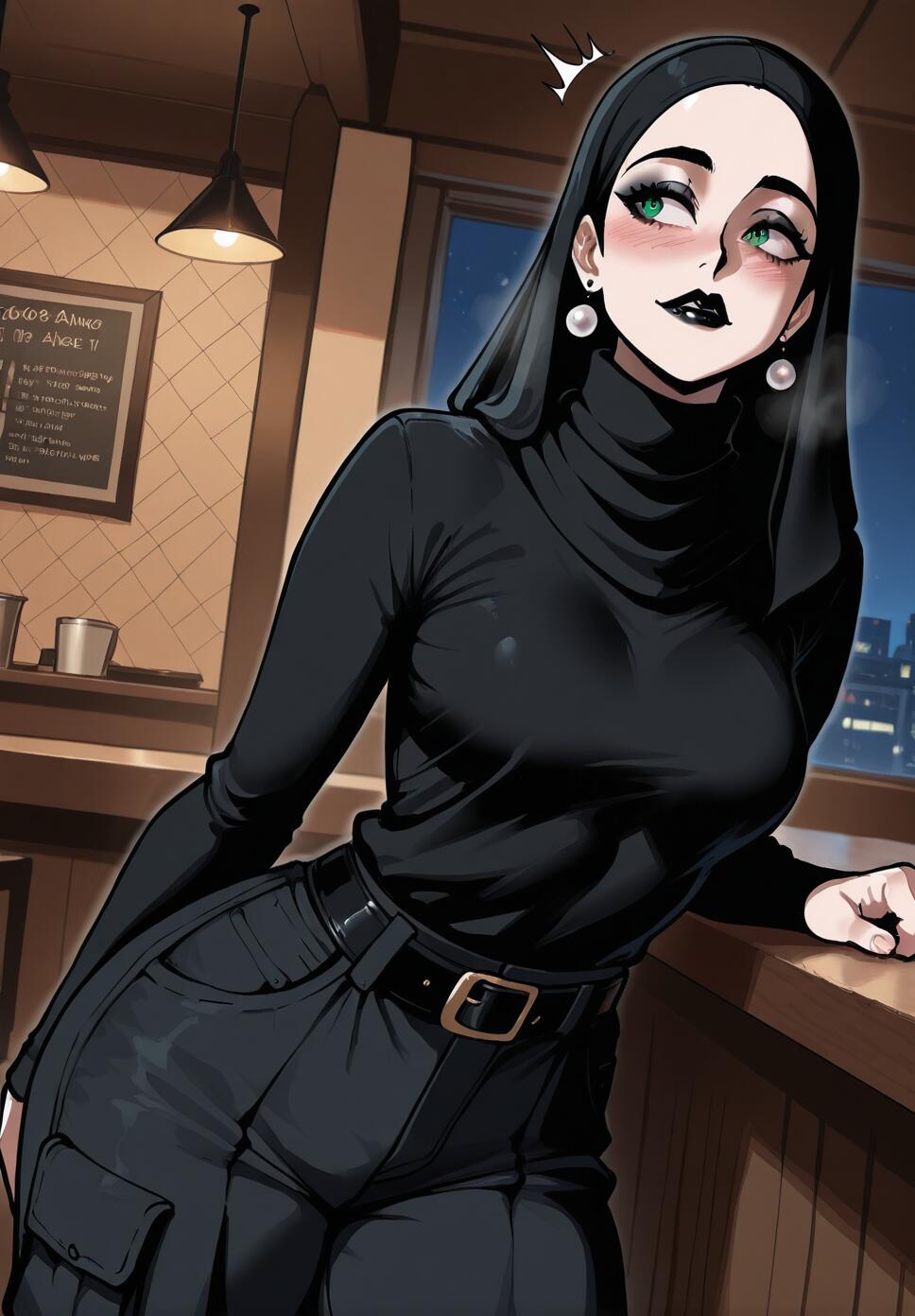 A digital illustration of a young woman with green eyes and black lipstick, wearing a black hijab, turtleneck, and cargo pants. She is leaning on a counter in a cafe at night, looking away with a flustered expression.